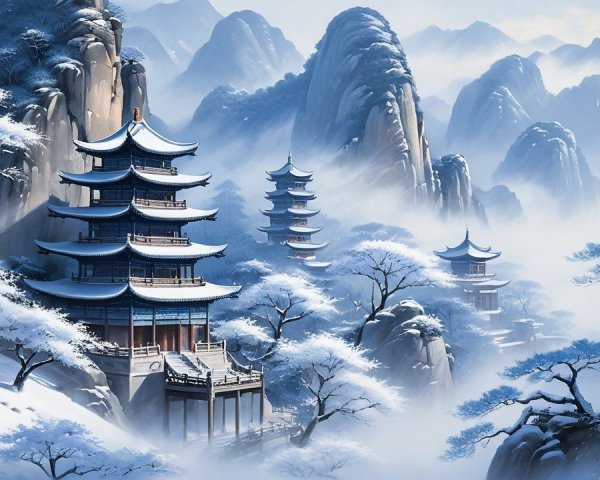 Serene Winter Landscape with Mountains and Pagodas