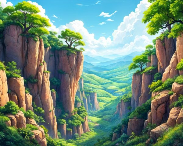 Lush Valley with Towering Cliffs and Rolling Hills