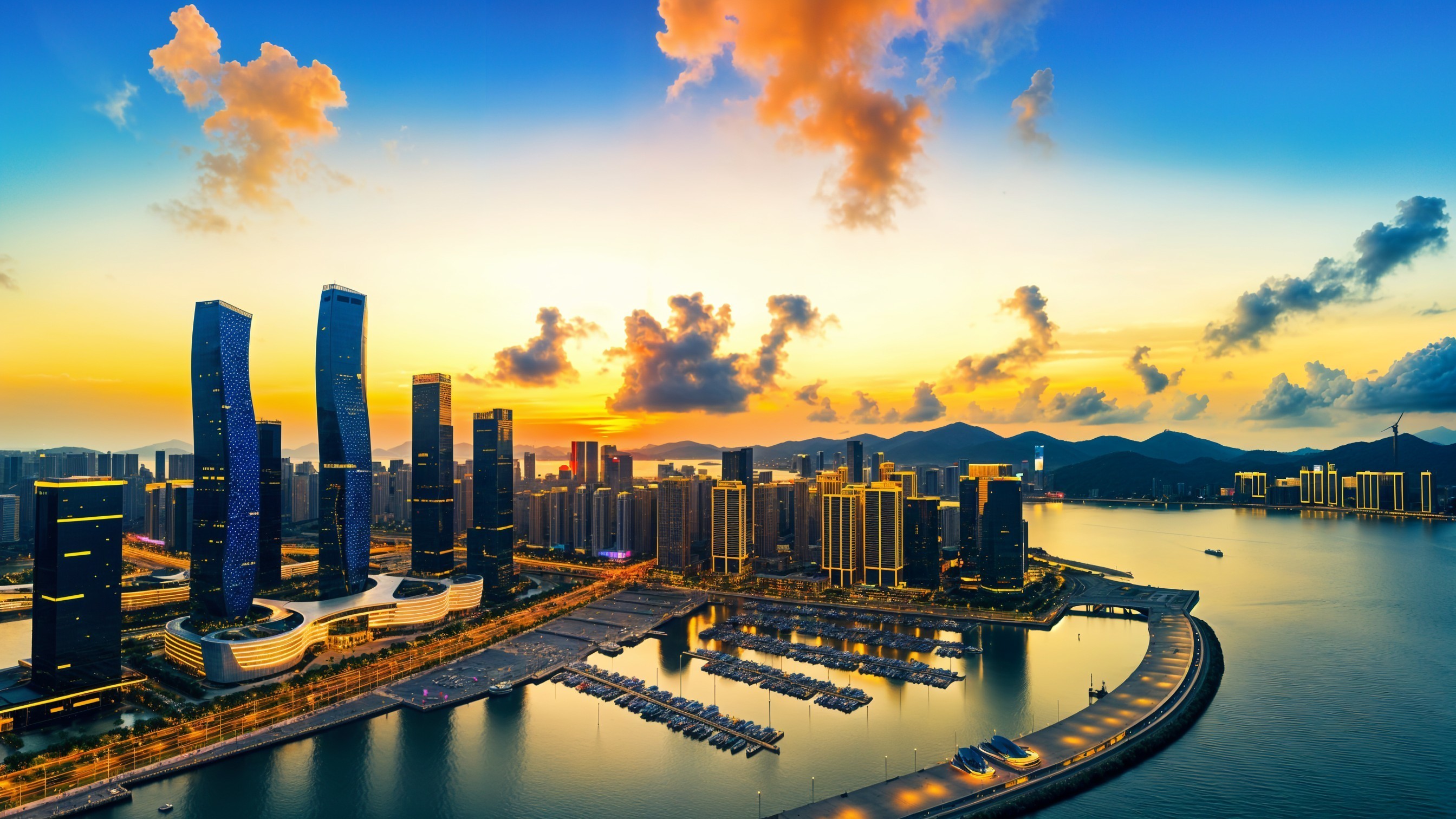 Aerial View of Modern City Skyline at Sunset