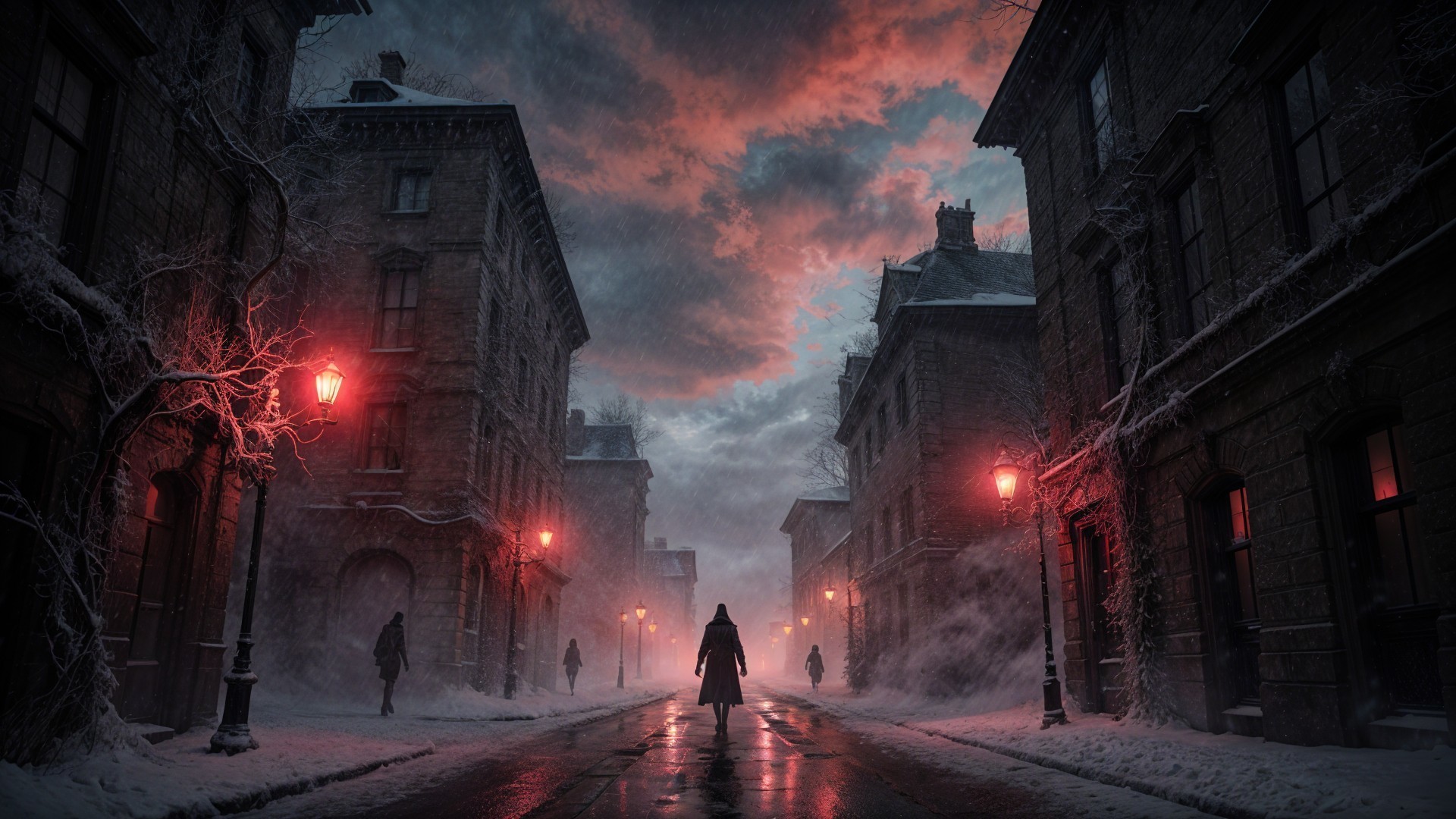 Haunting Winter Scene in a Snow-Covered Street