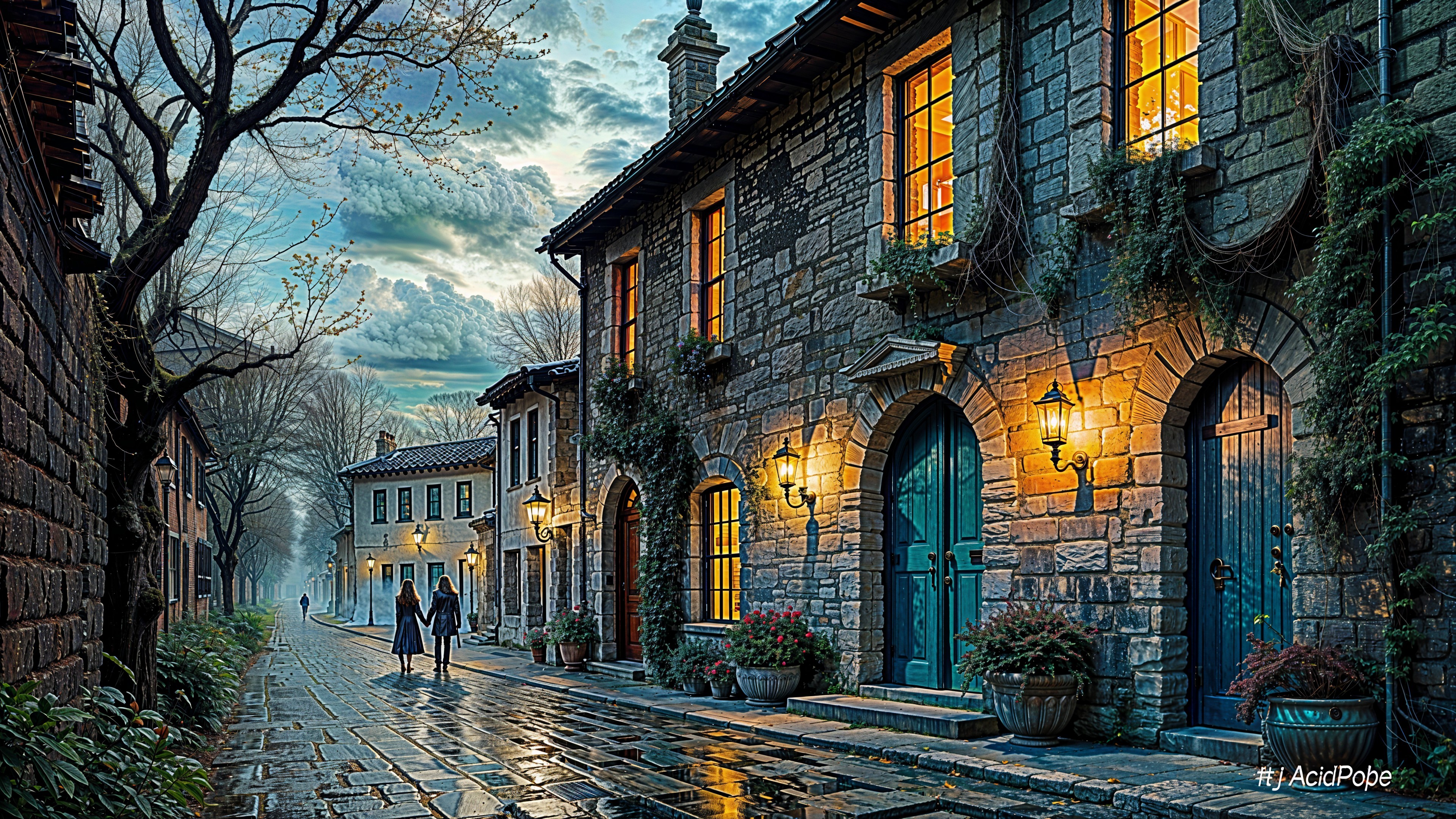 Charming Cobblestone Street in Idyllic Village Scene