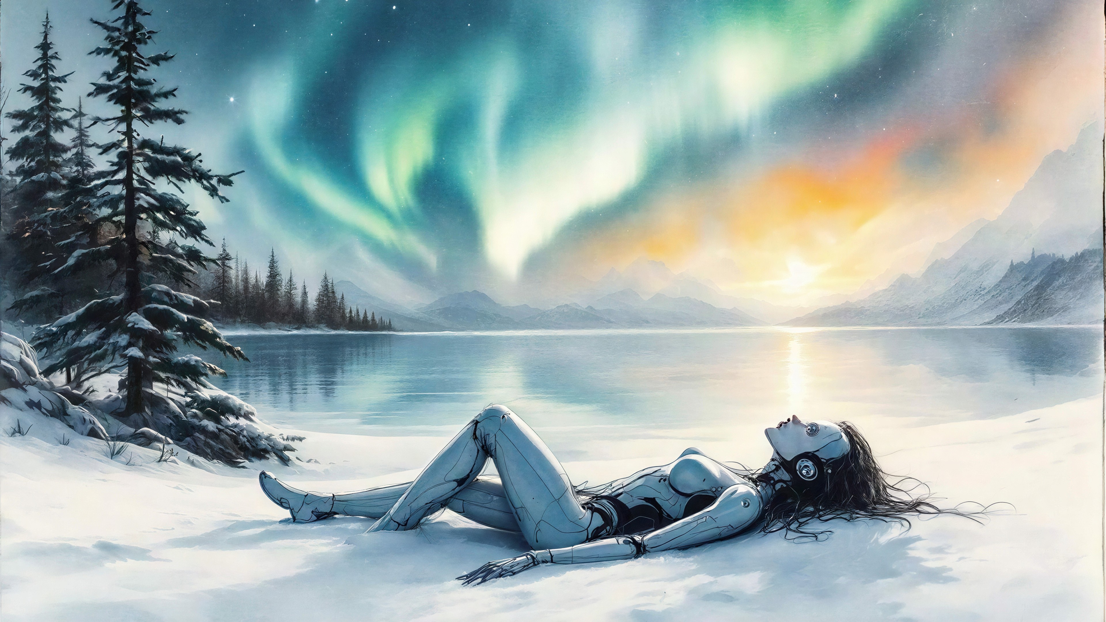 Cyborg on Snowy Shore Under Aurora Borealis Sky