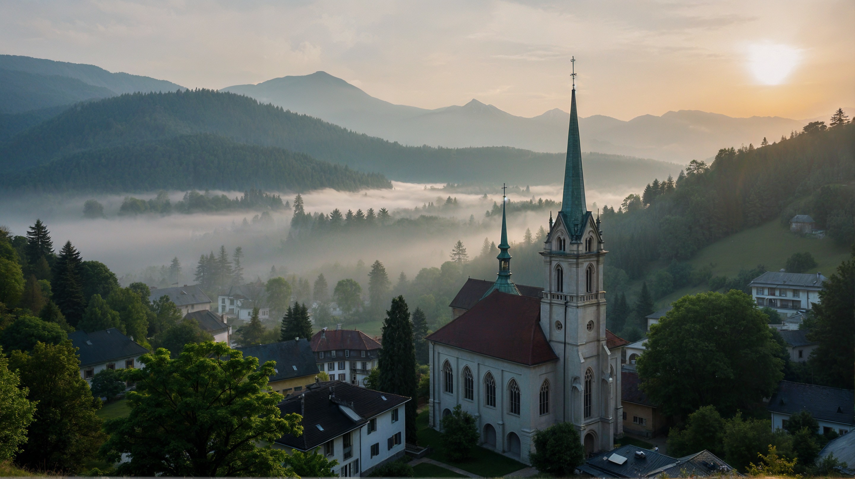 Serene Landscape with Church and Misty Valley at Sunrise