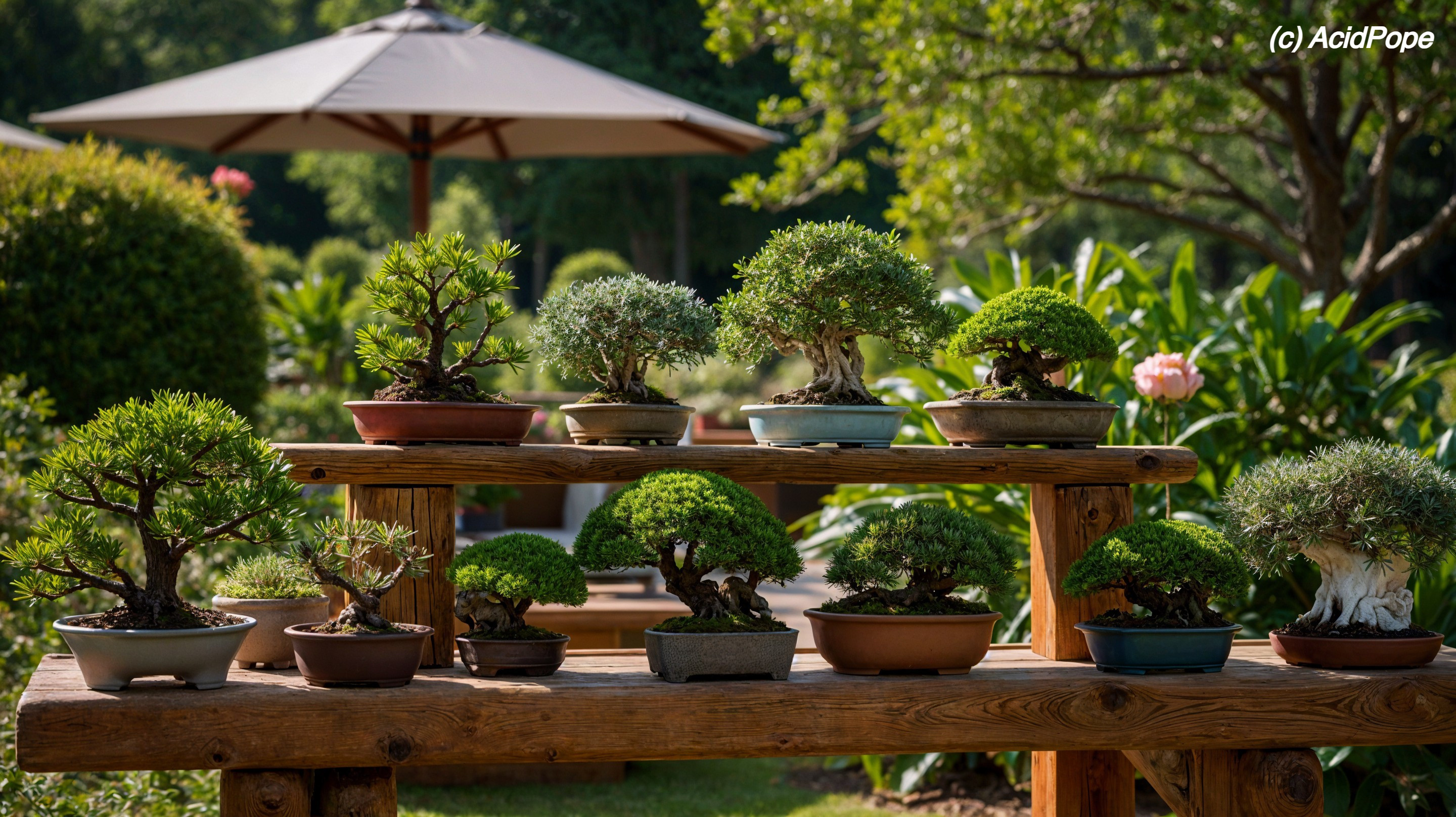 Outdoor Setting with Bonsai Trees and Lush Greenery