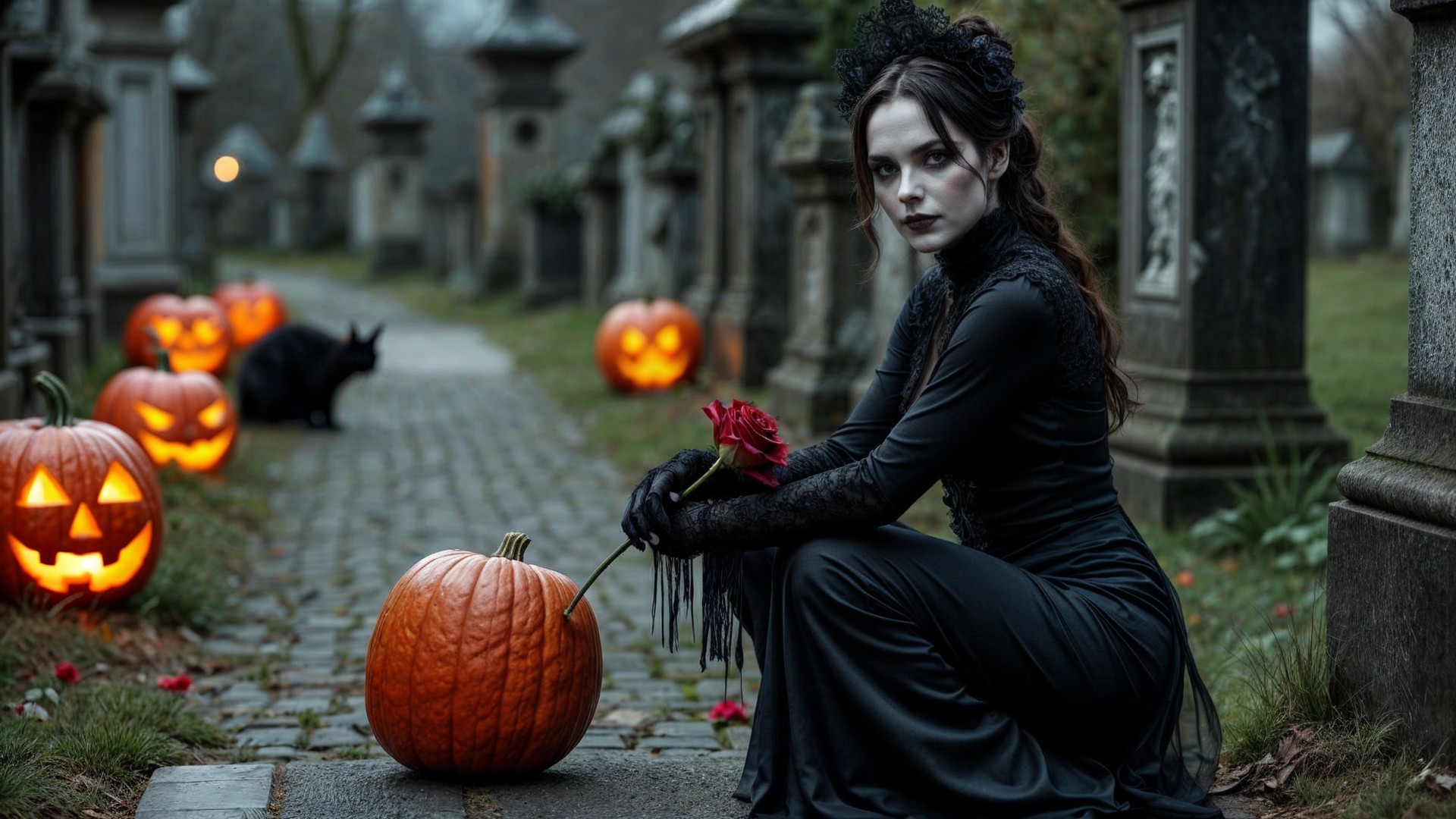 Gothic Figure in Graveyard with Pumpkins and Cat