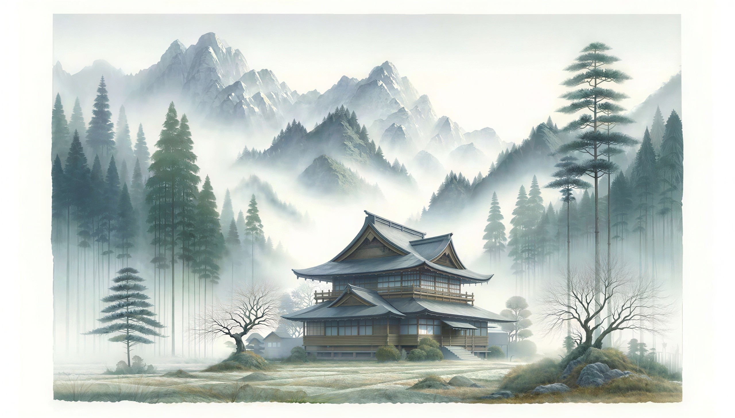 Serene Watercolor Landscape with Japanese Pagoda House