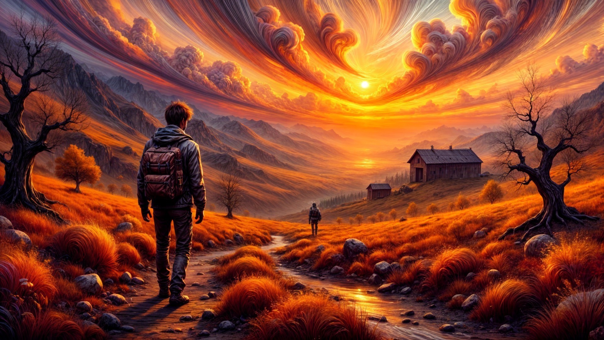 Young Traveler on Winding Path at Sunset Scene