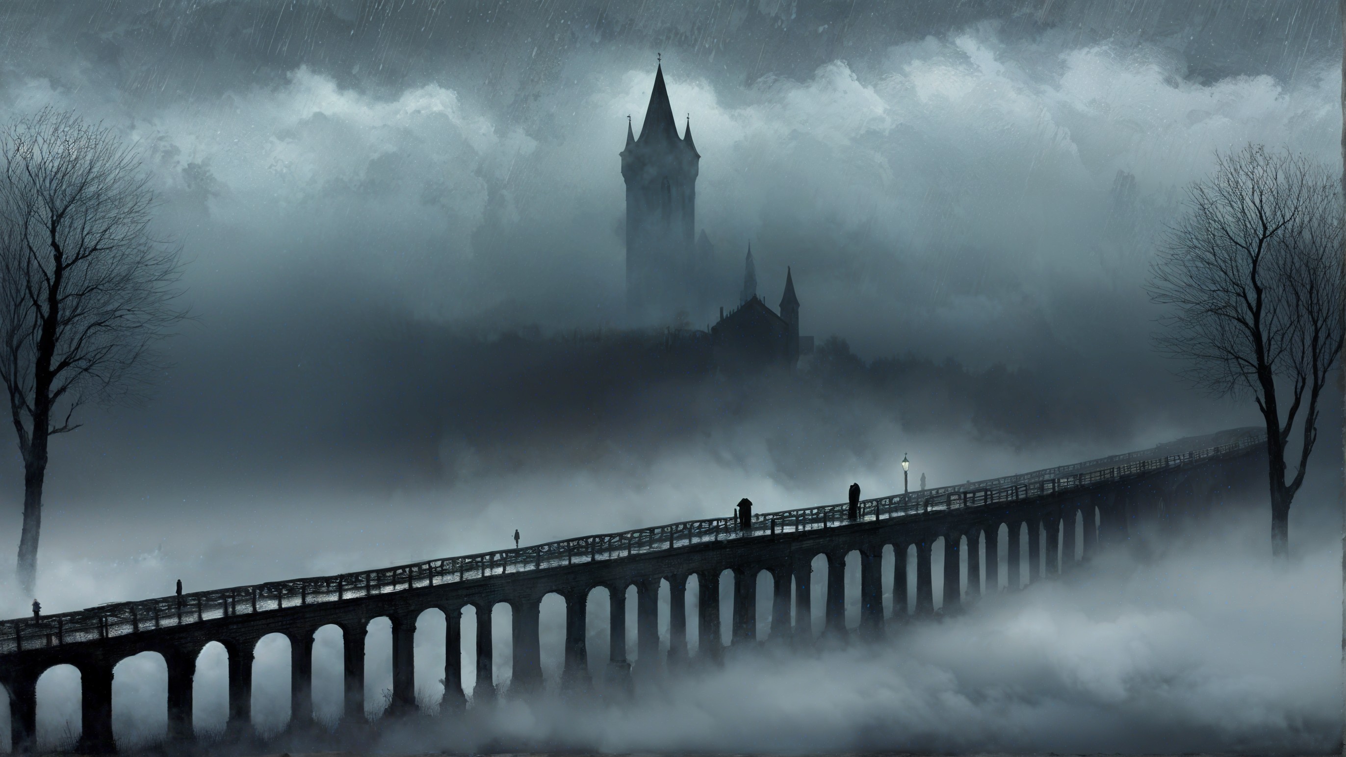 Misty Landscape with Gothic Tower and Stone Bridge
