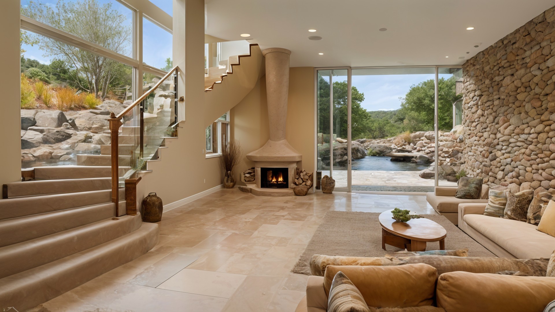 Modern Living Room with Natural Views and Cozy Decor