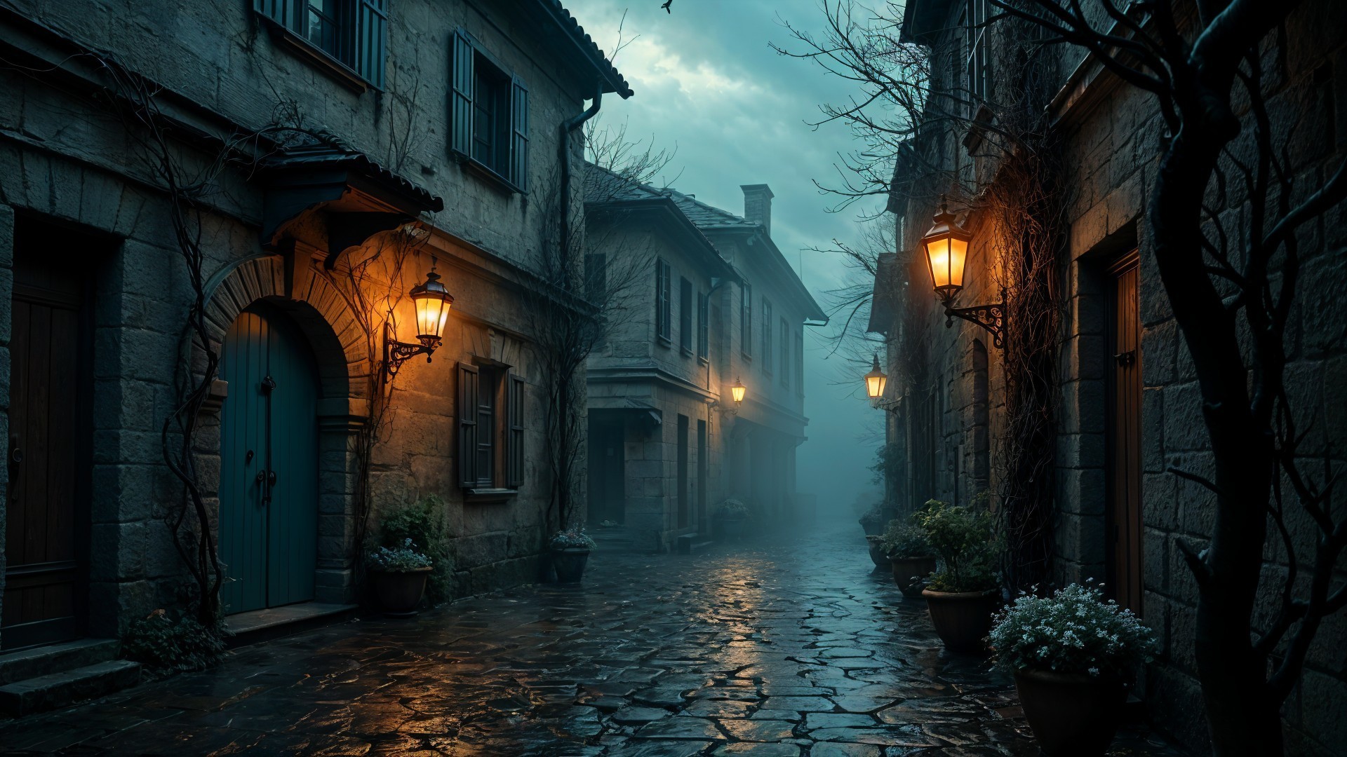 Cobblestone Street in a Misty Quaint Village