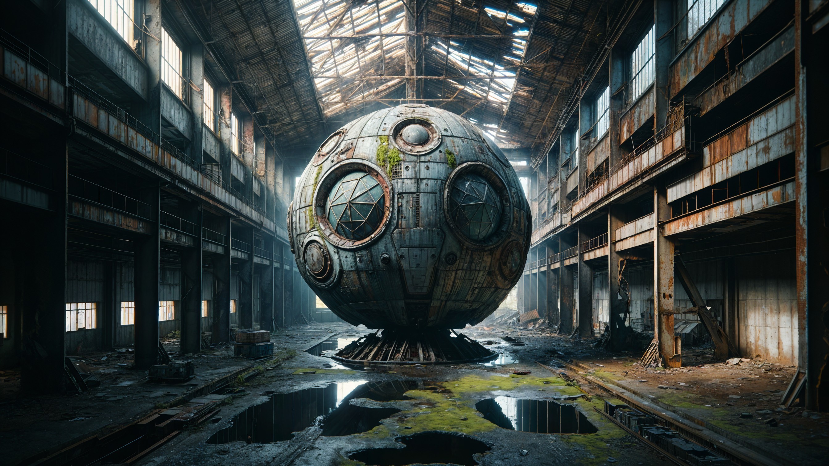 Spherical Structure in Abandoned Warehouse Setting