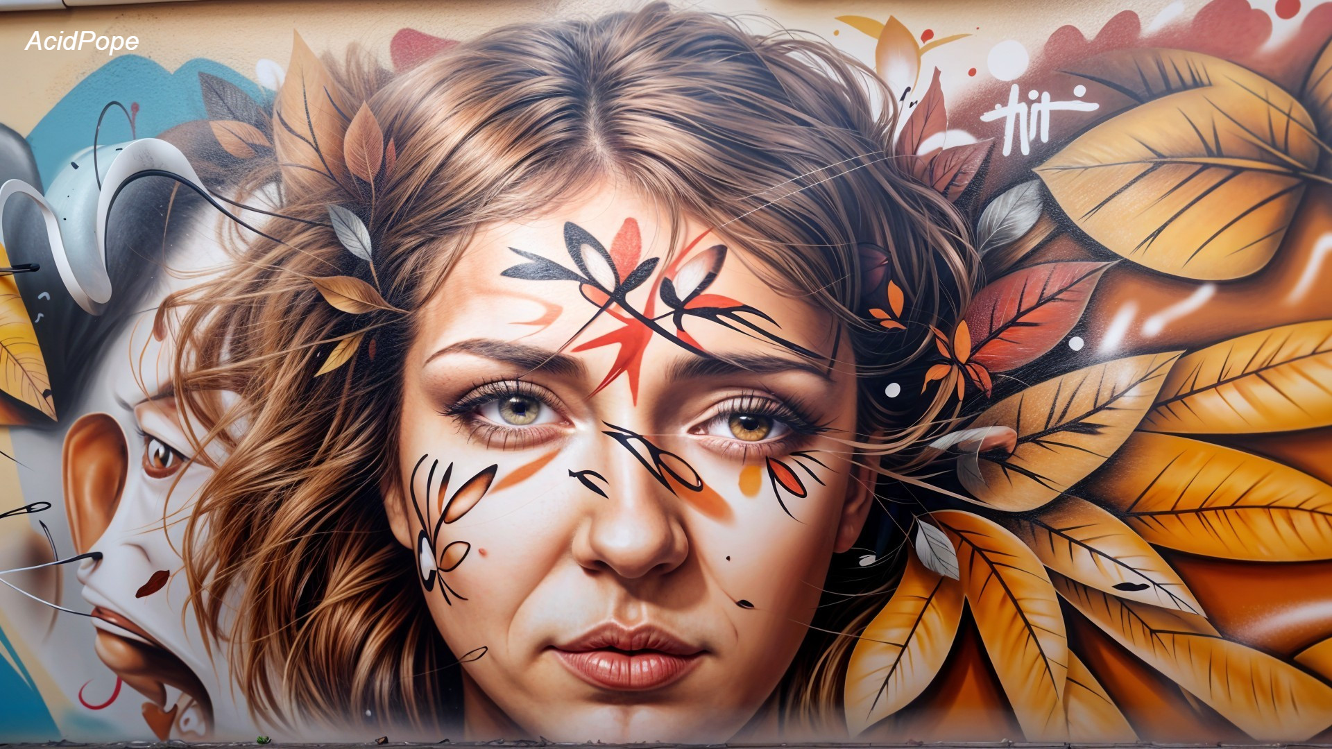 Vibrant Mural of Woman with Autumn Leaves and Flowers
