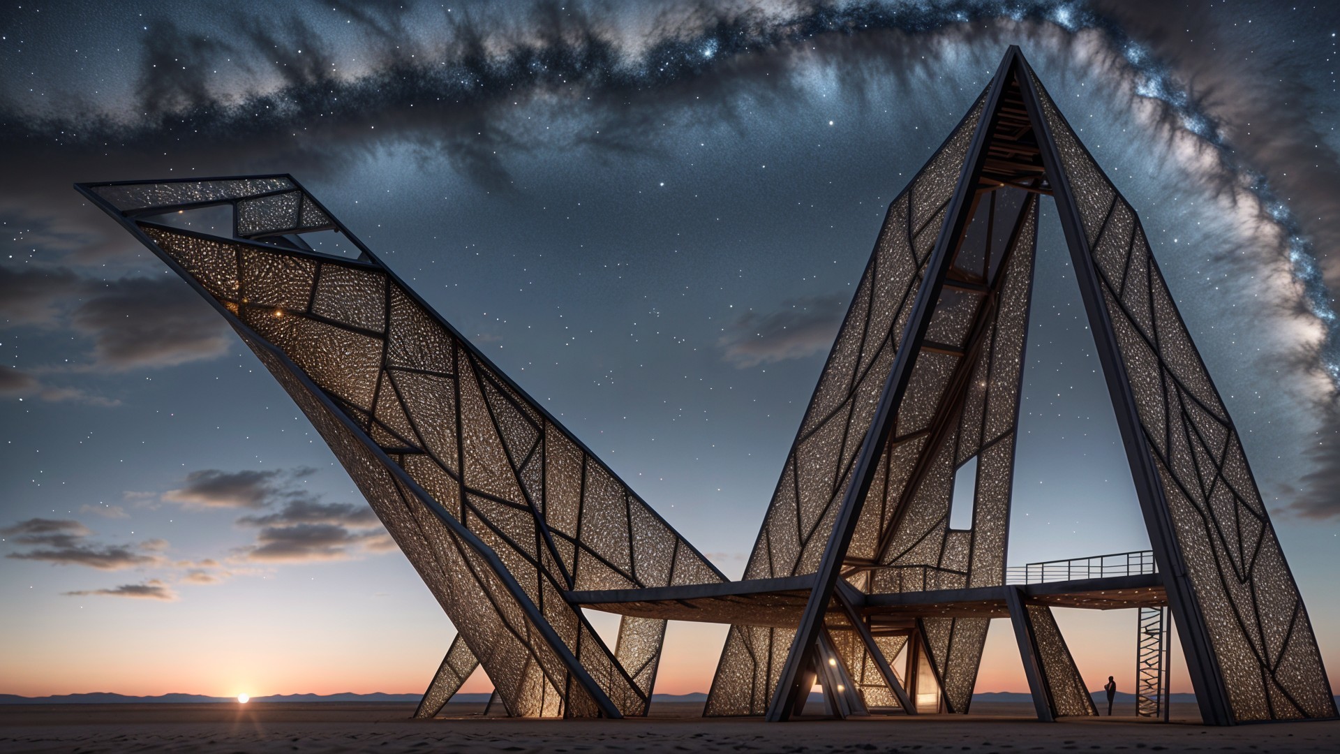 Angular Metallic Architecture Against Starry Sky