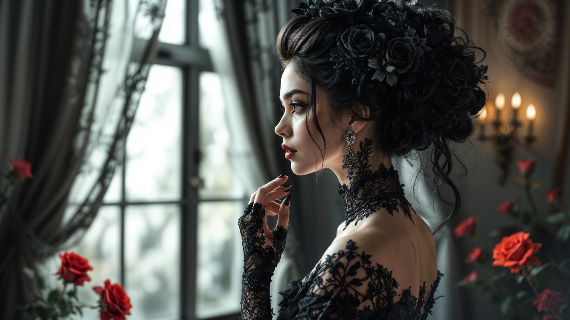 Elegant Woman in Black Lace Gown by Window