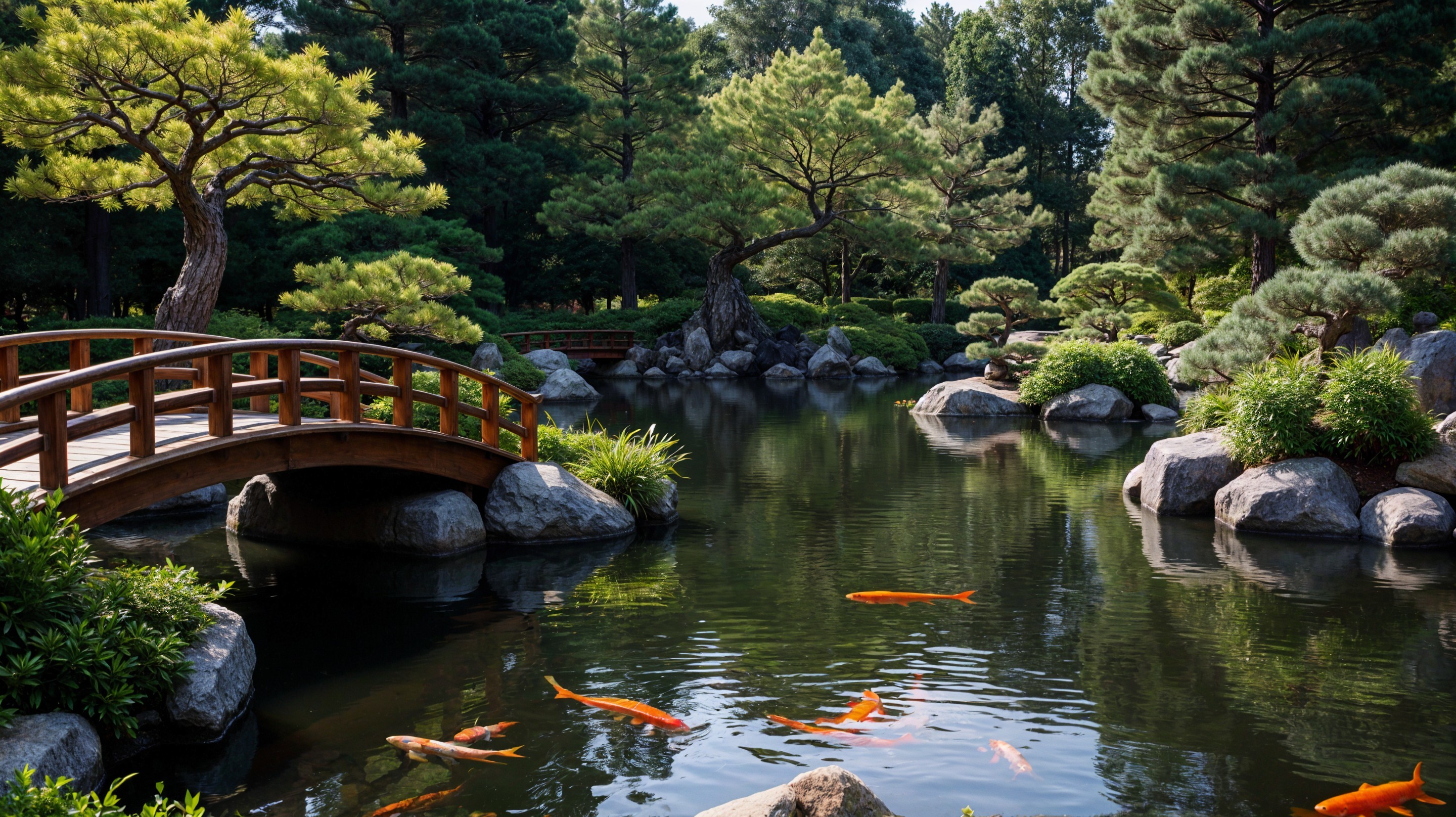 Serene garden with pond, koi fish, and lush greenery