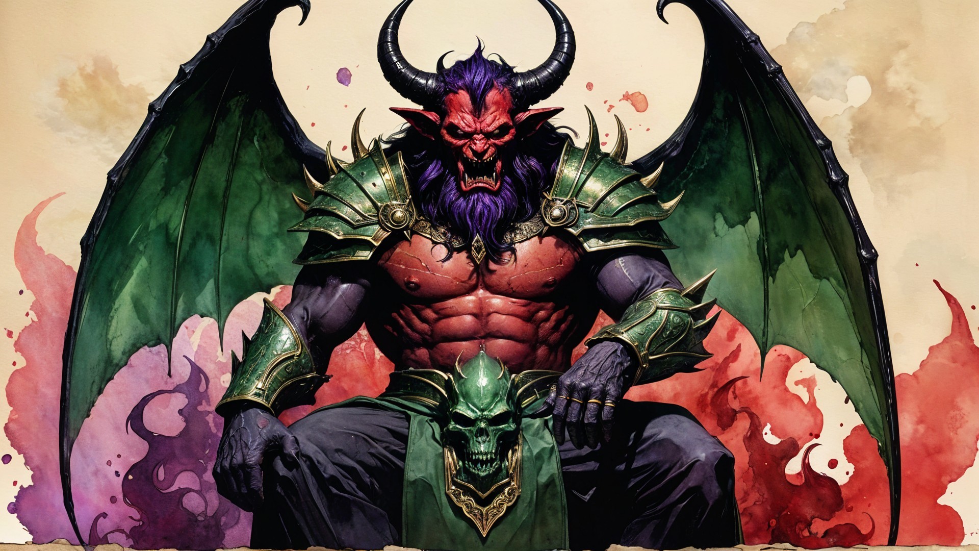 Muscular demon on throne in ornate green armor