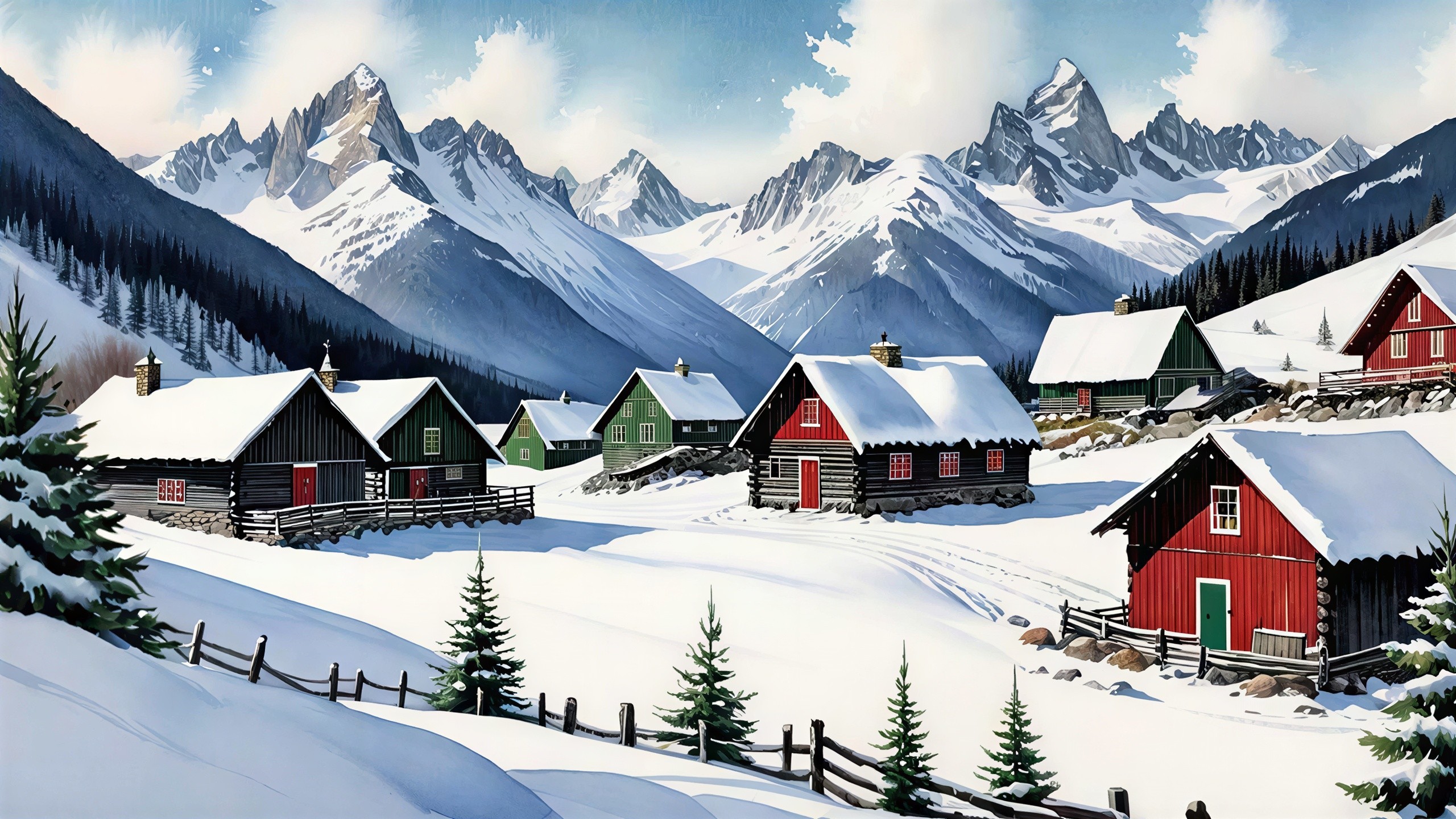 Winter Mountain Landscape with Village and Fir Trees