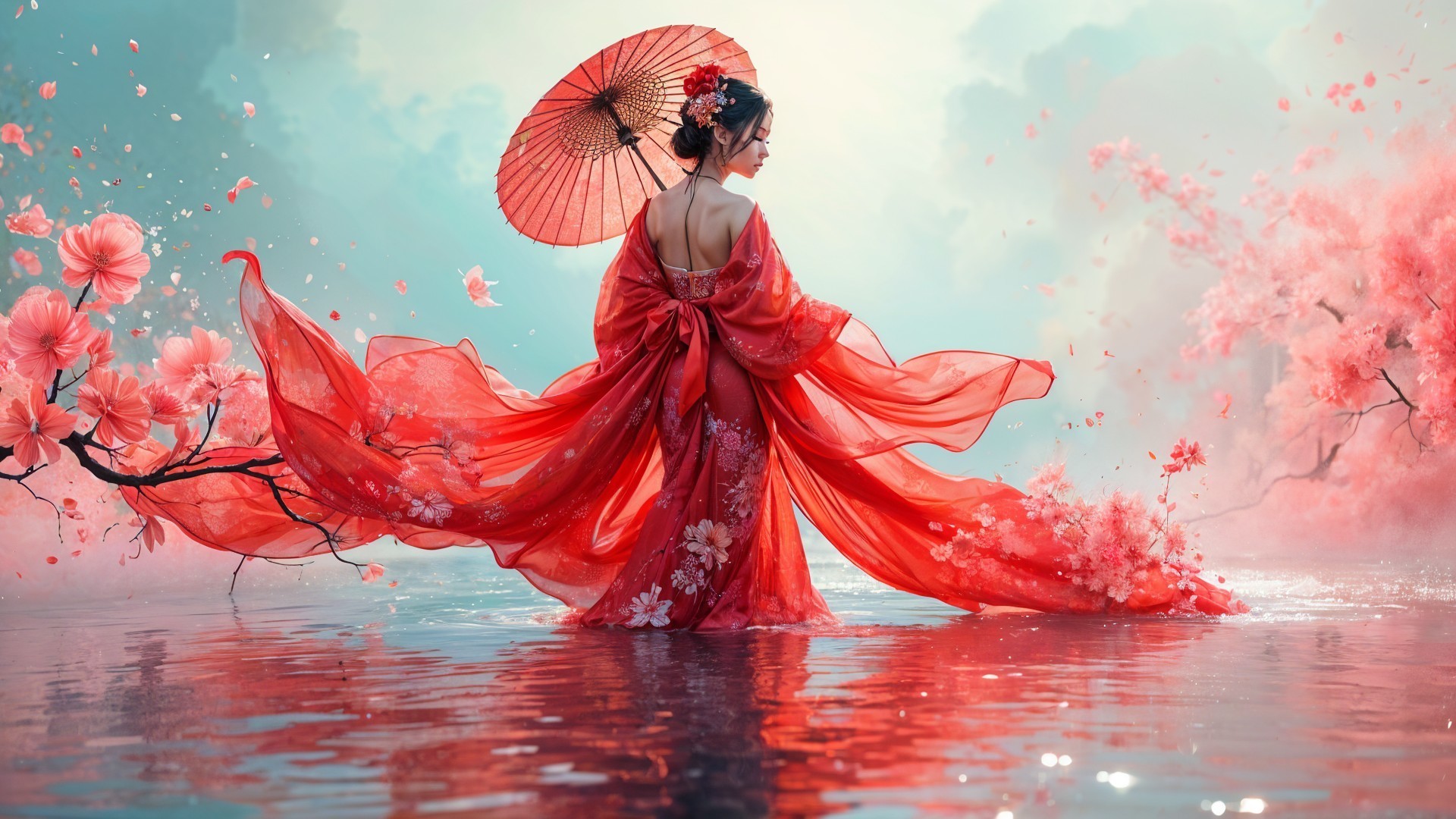 Woman in red kimono by serene water with blossoms