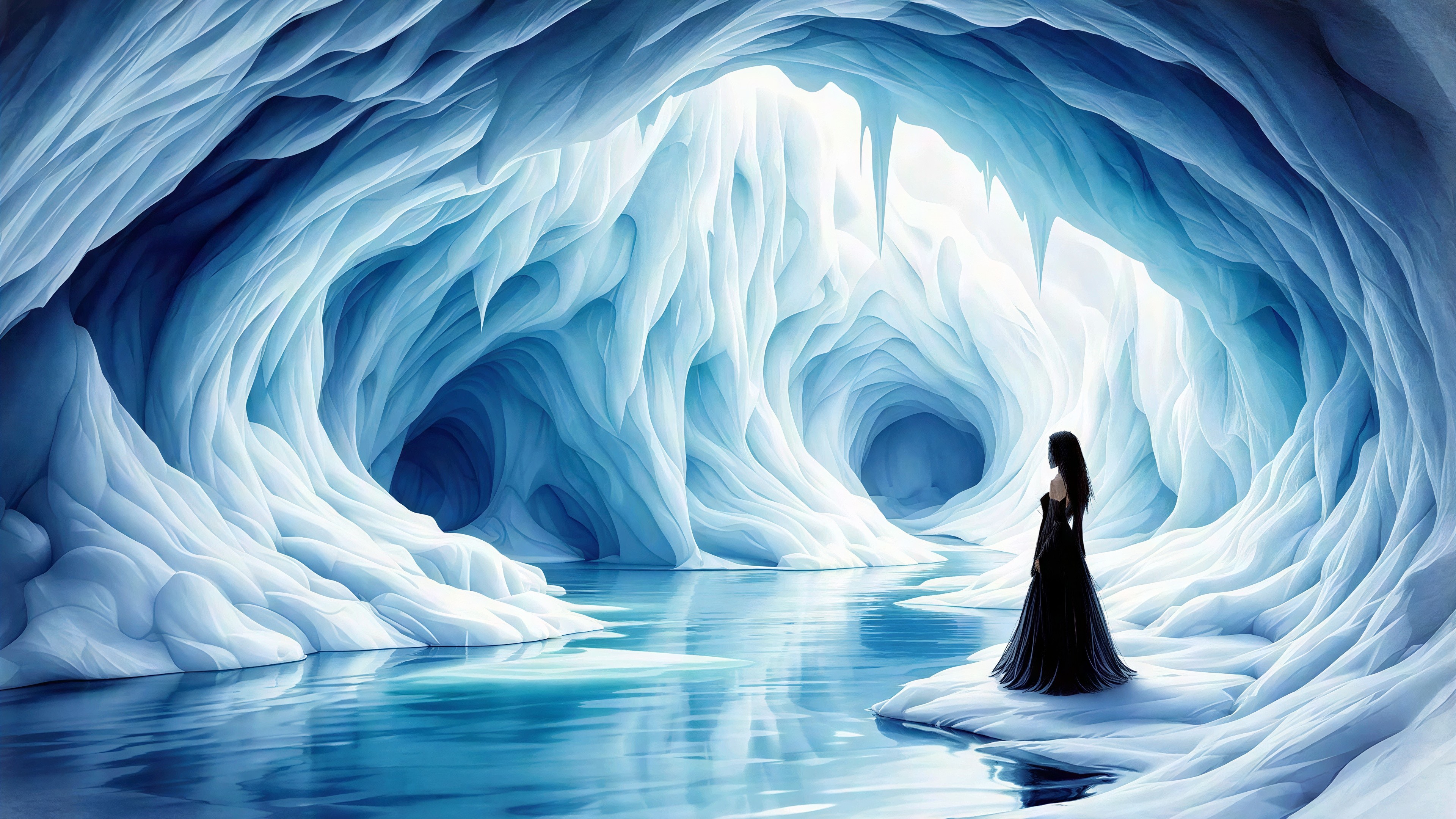 Lone Woman in Black Gown Inside Grand Ice Cave