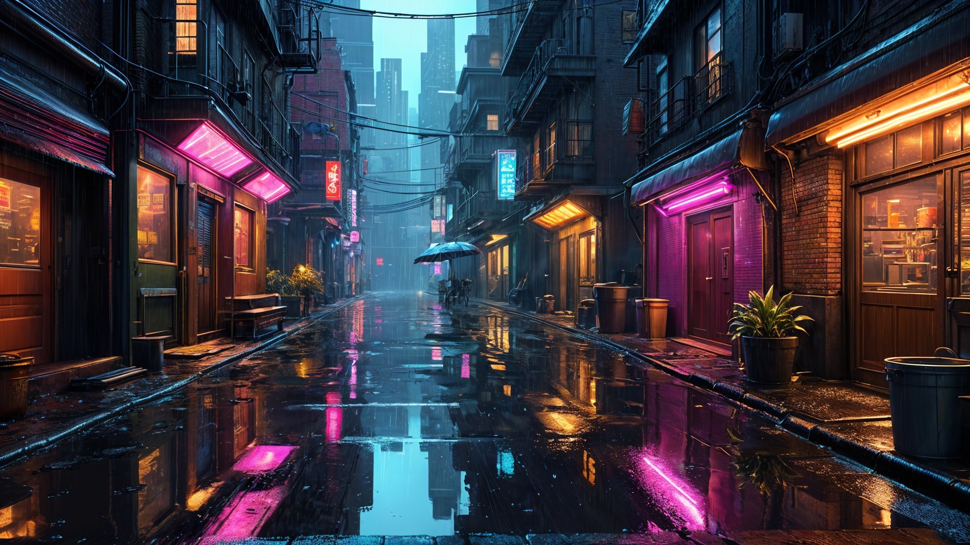 Dimly Lit Urban Alley with Neon Lights and Mist