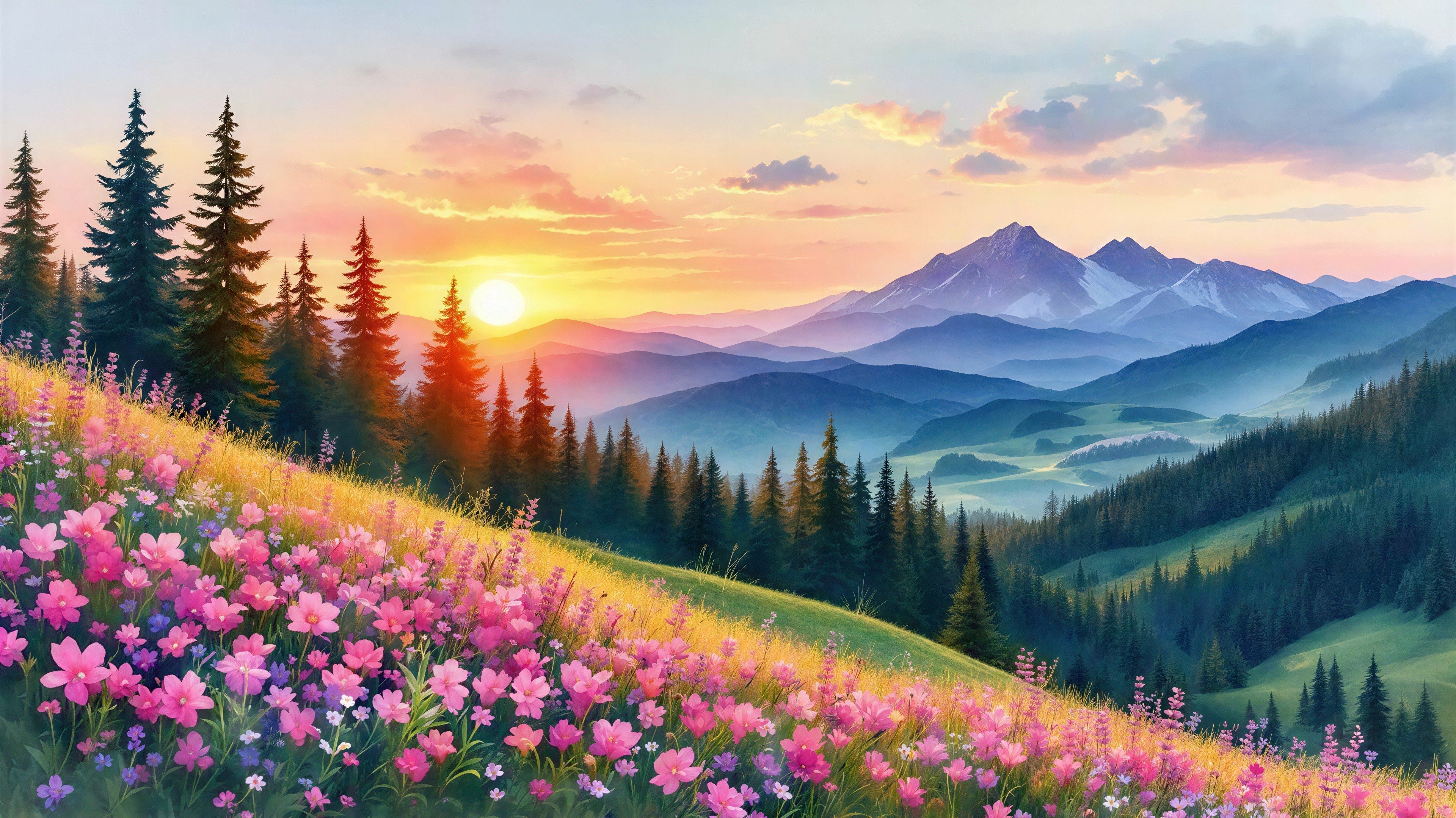 Mountain Landscape at Sunrise with Wildflowers