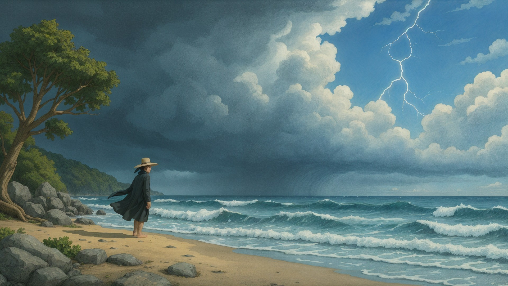 Figure on Beach Under Stormy Sky with Lightning