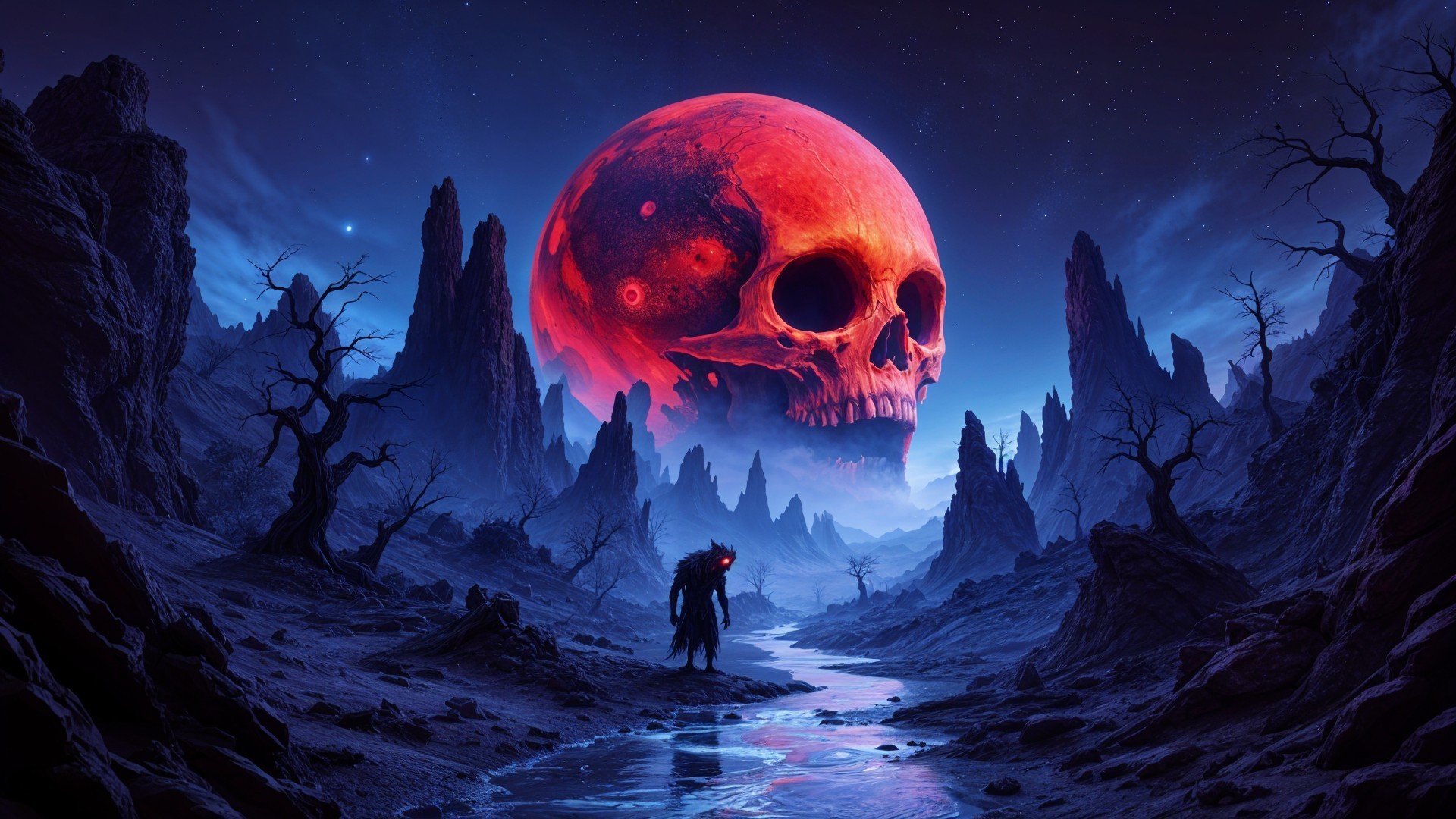 Haunting Landscape with Red Skull and Night Sky
