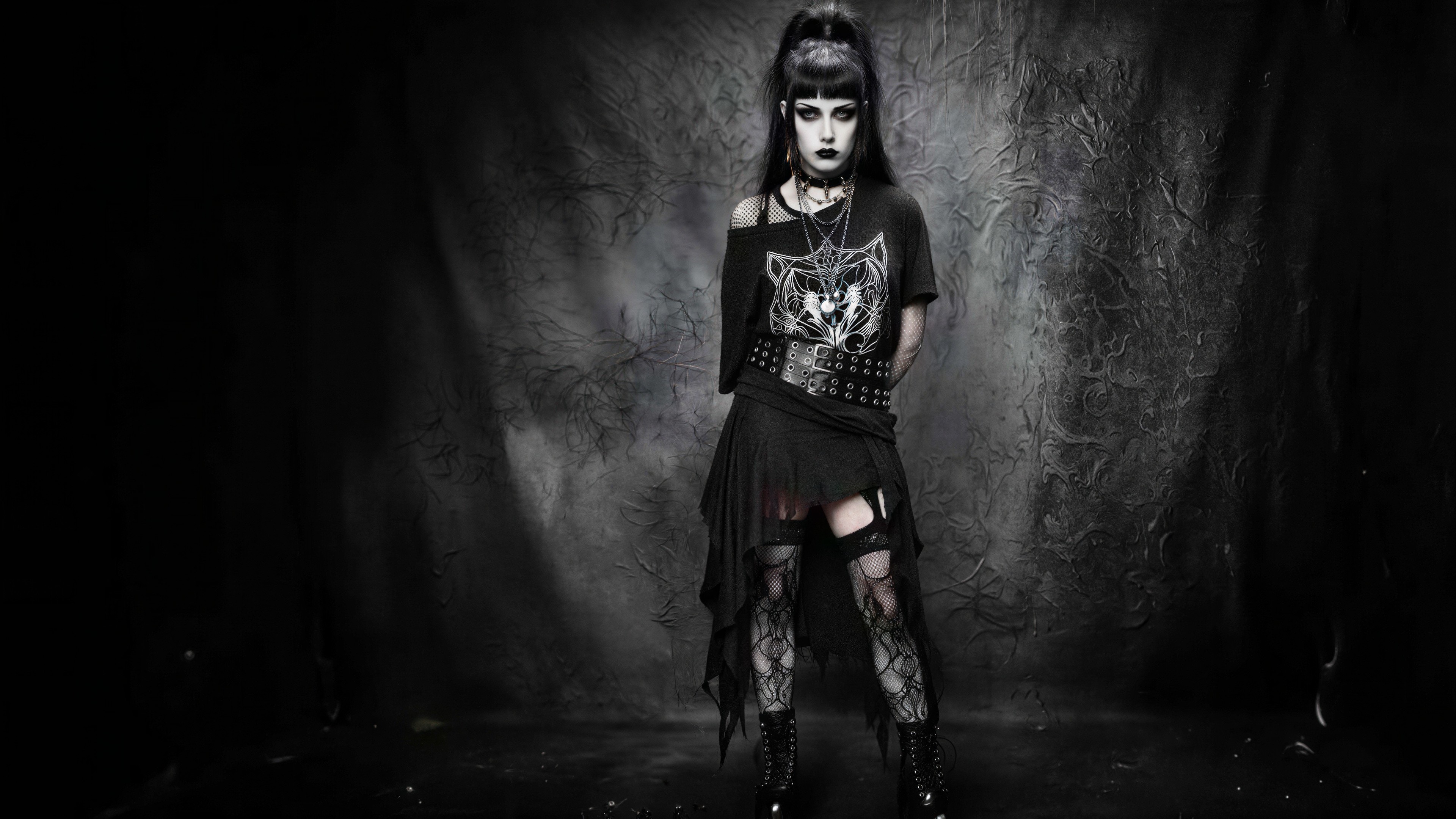 Gothic Woman in Black Attire with Wolf Graphic