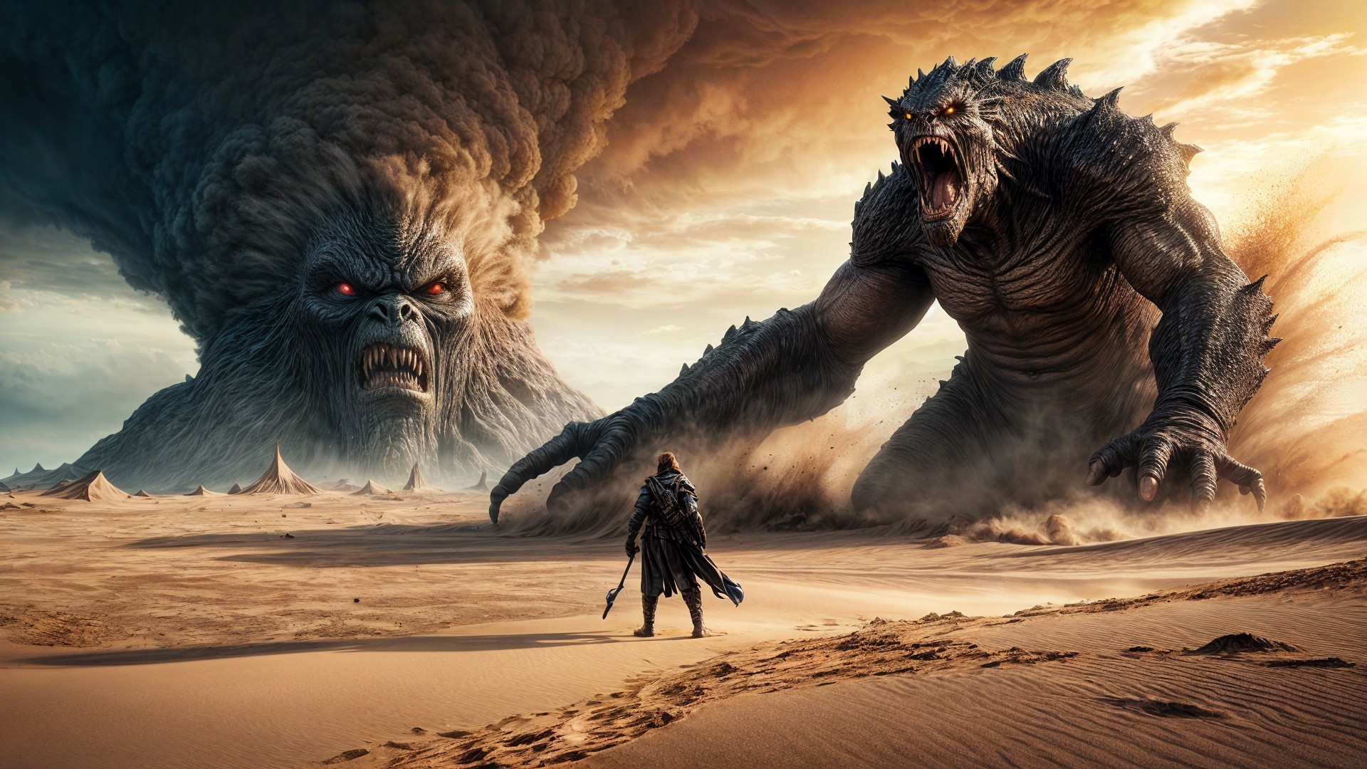 Desolate Desert Scene with Monstrous Creatures