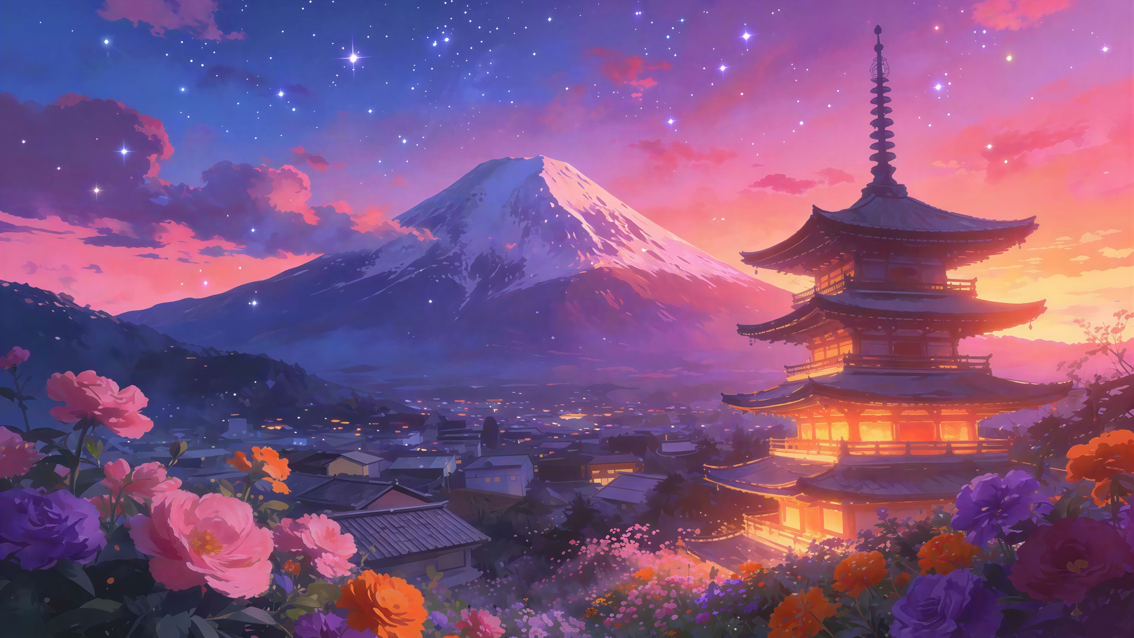 Anime-style floral landscape with Mount Fuji and pagoda