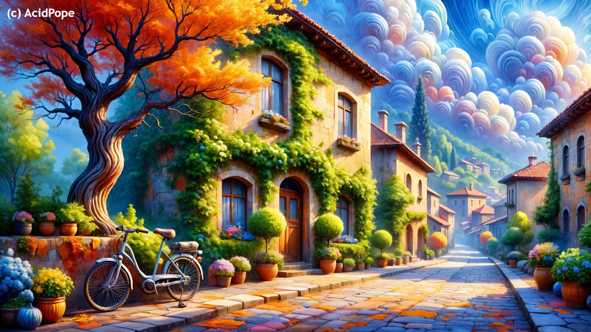 Charming Cobblestone Street with Rustic Houses and Trees