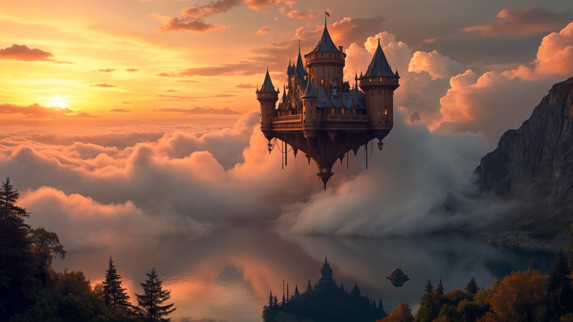 Floating Castle Over Serene Lake at Sunset