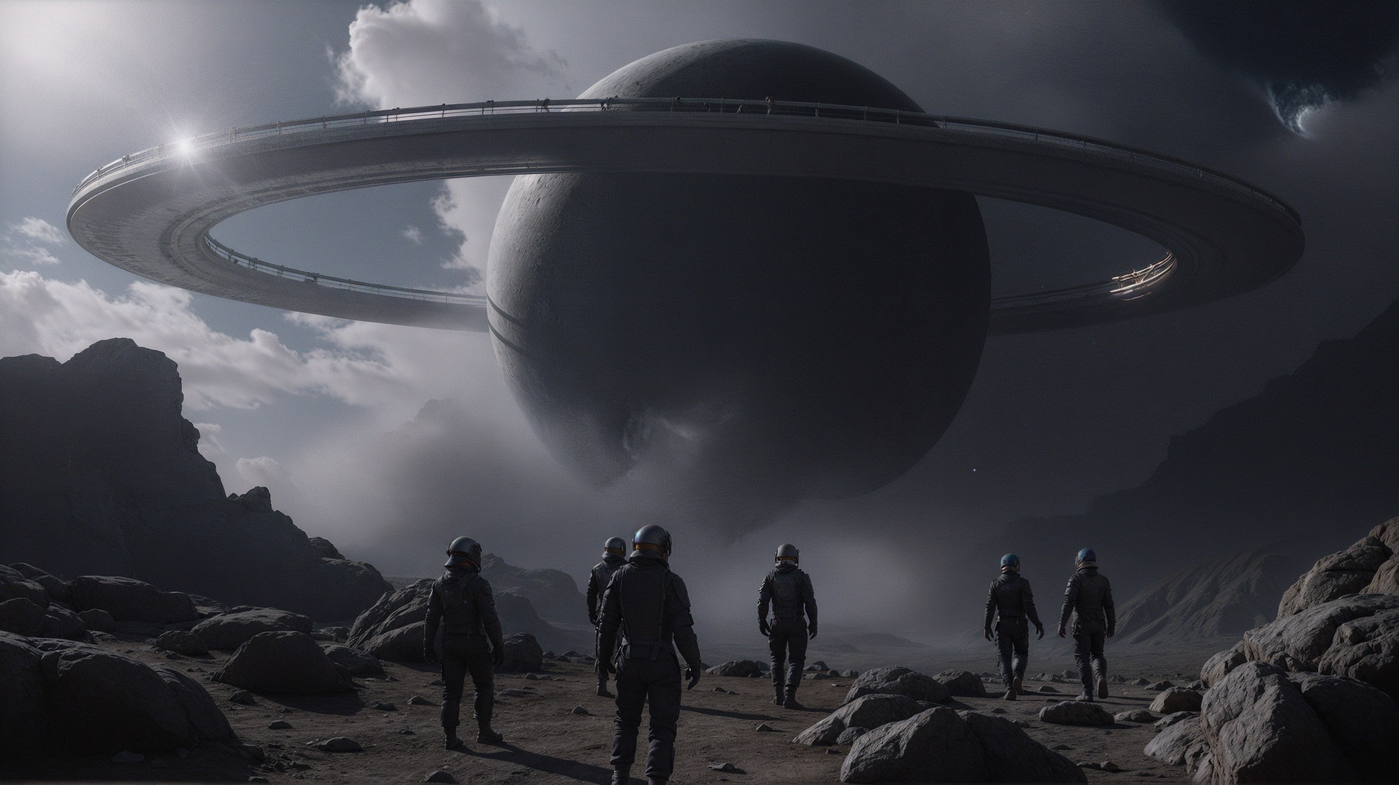 Astronauts on Alien Landscape Under Ringed Planet