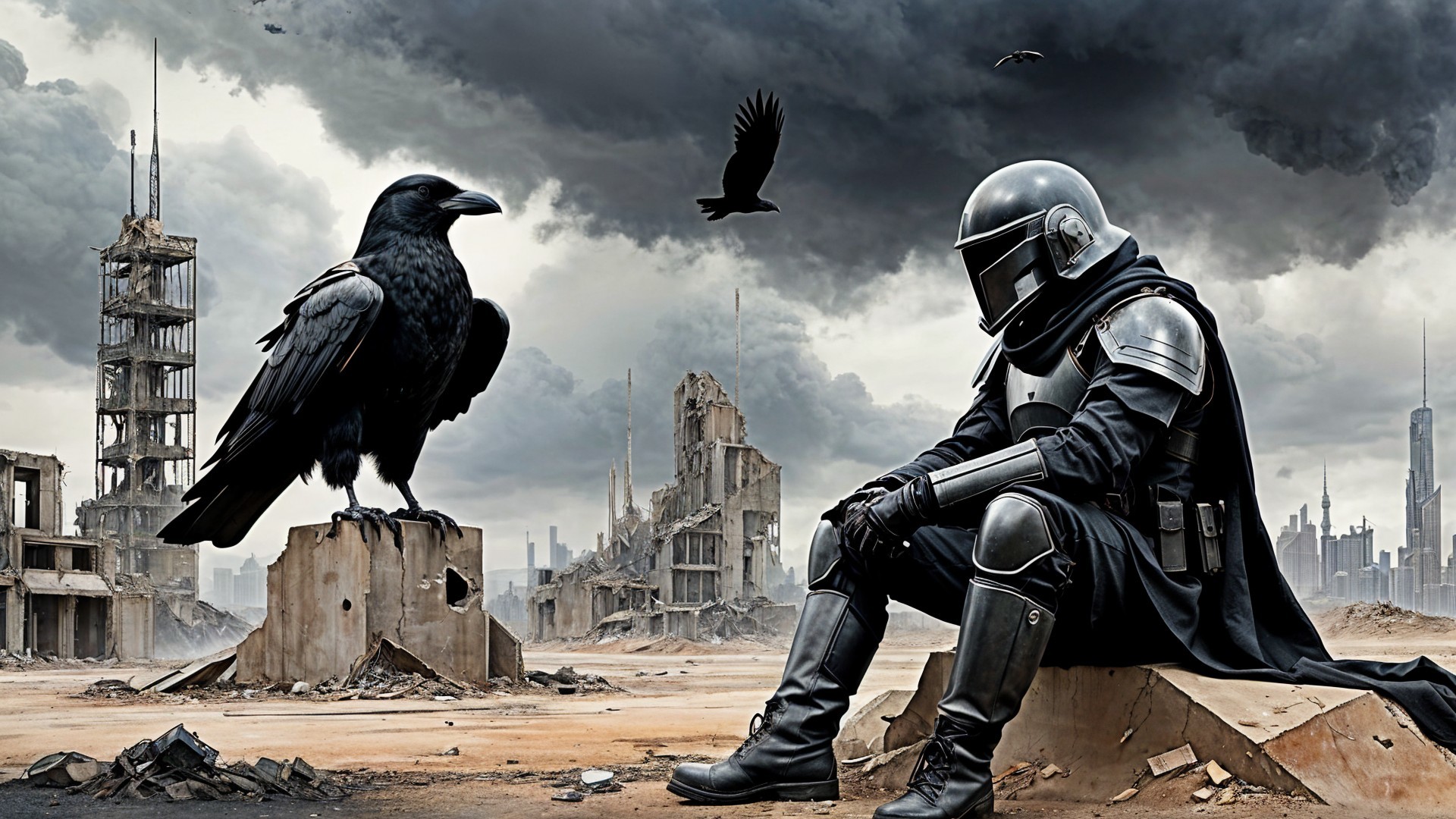 Lone Figure in Cloak Amidst Post-Apocalyptic Ruins