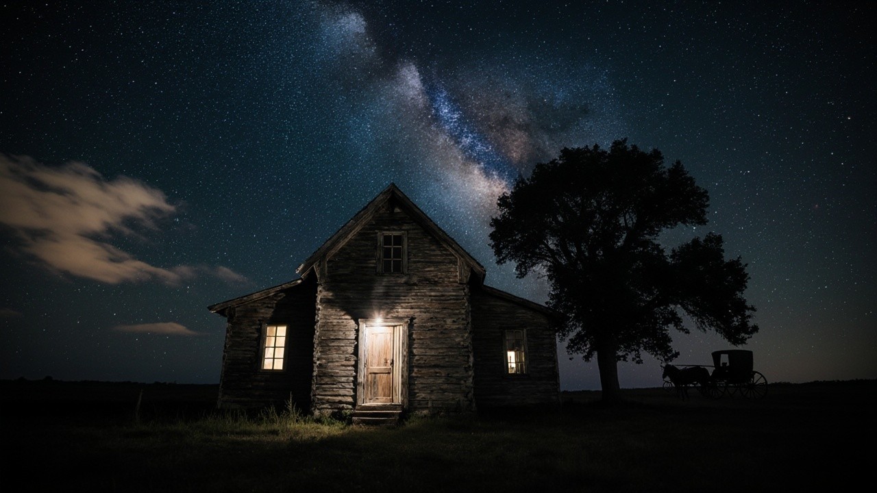 Rustic Wooden House Under Starry Night Sky