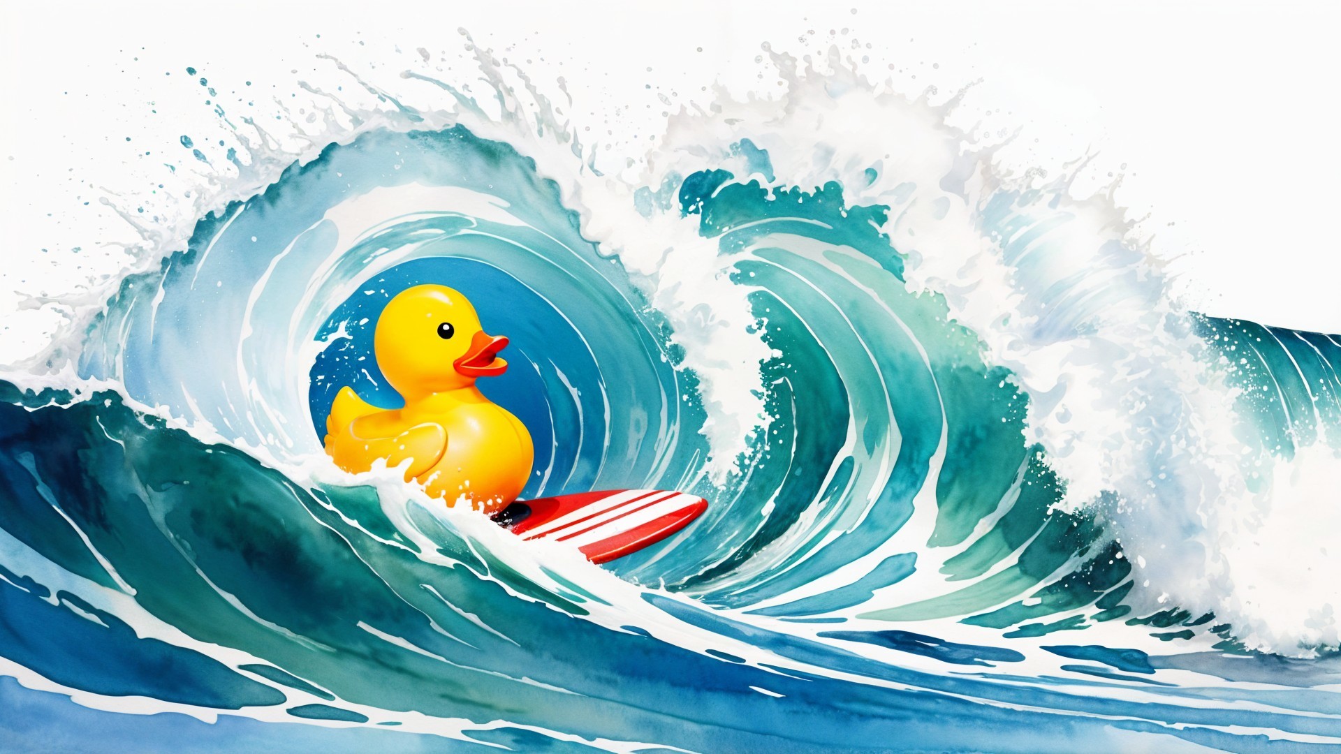 Yellow Rubber Duck Surfing on a Striped Surfboard