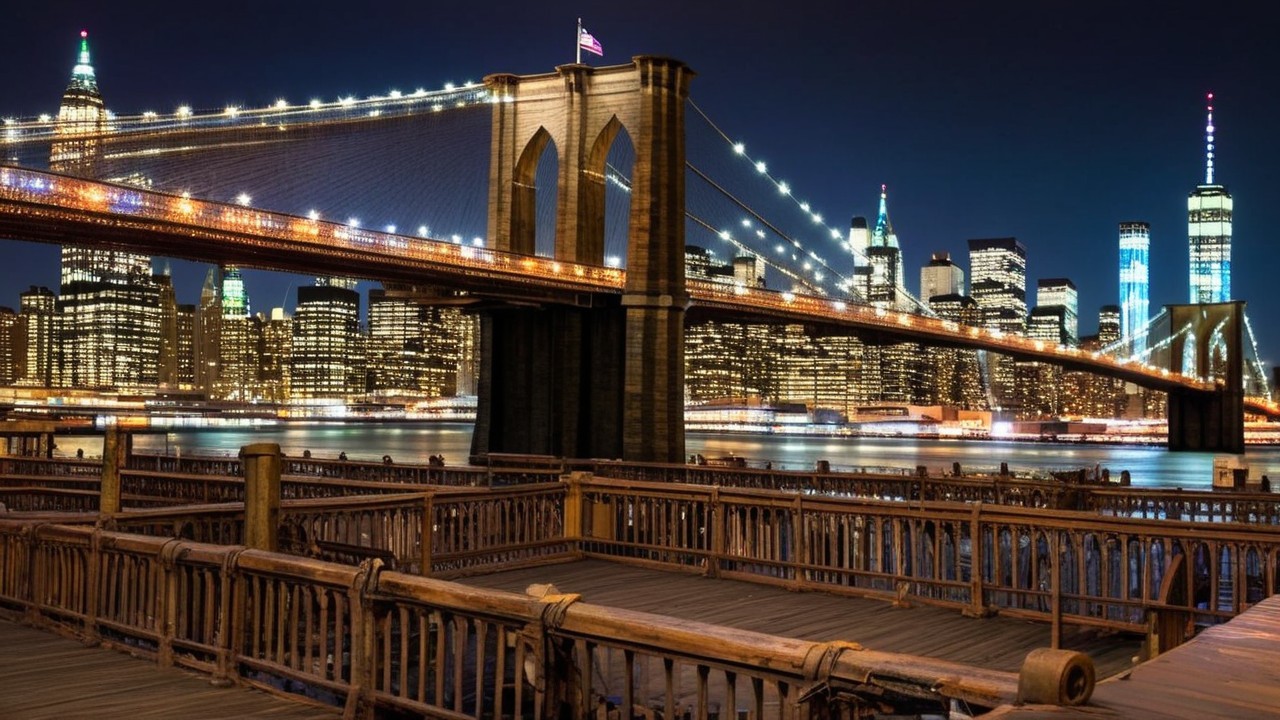 Brooklyn Bridge Night View with Manhattan Skyline