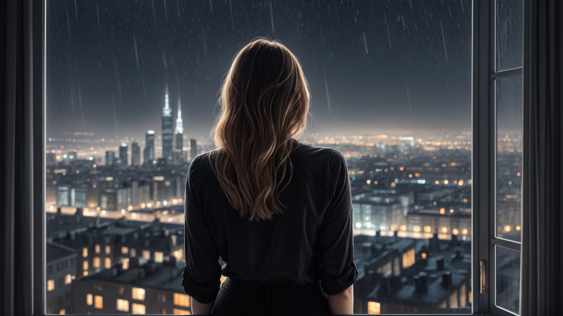 Woman with Wavy Hair Gazing at Rainy Cityscape