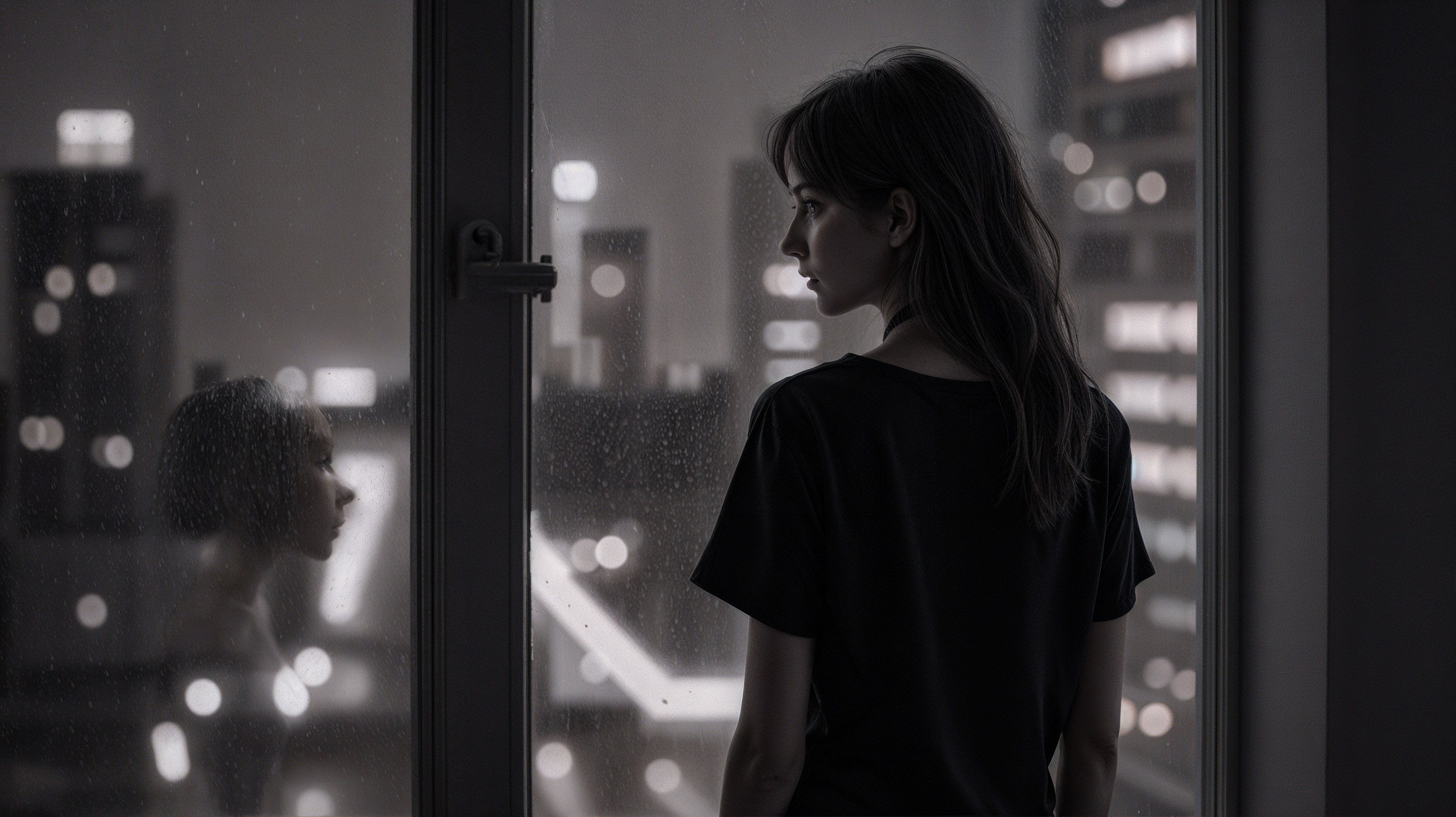 Woman by Rain-Streaked Window in Dim Cityscape