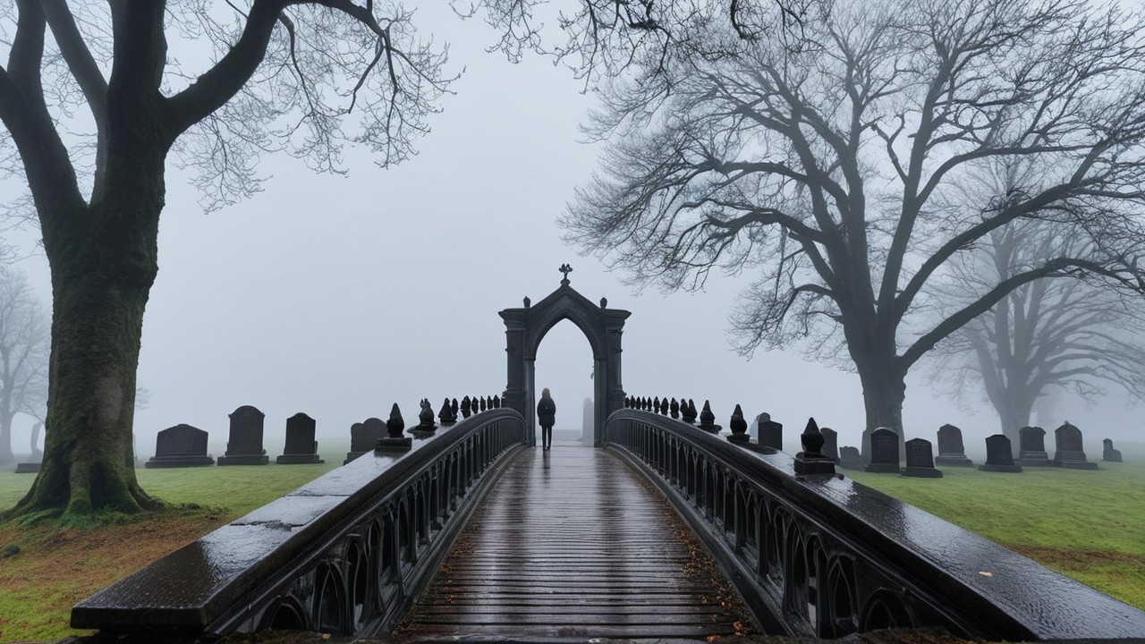 Solitary Figure on Misty Cemetery Bridge Scene