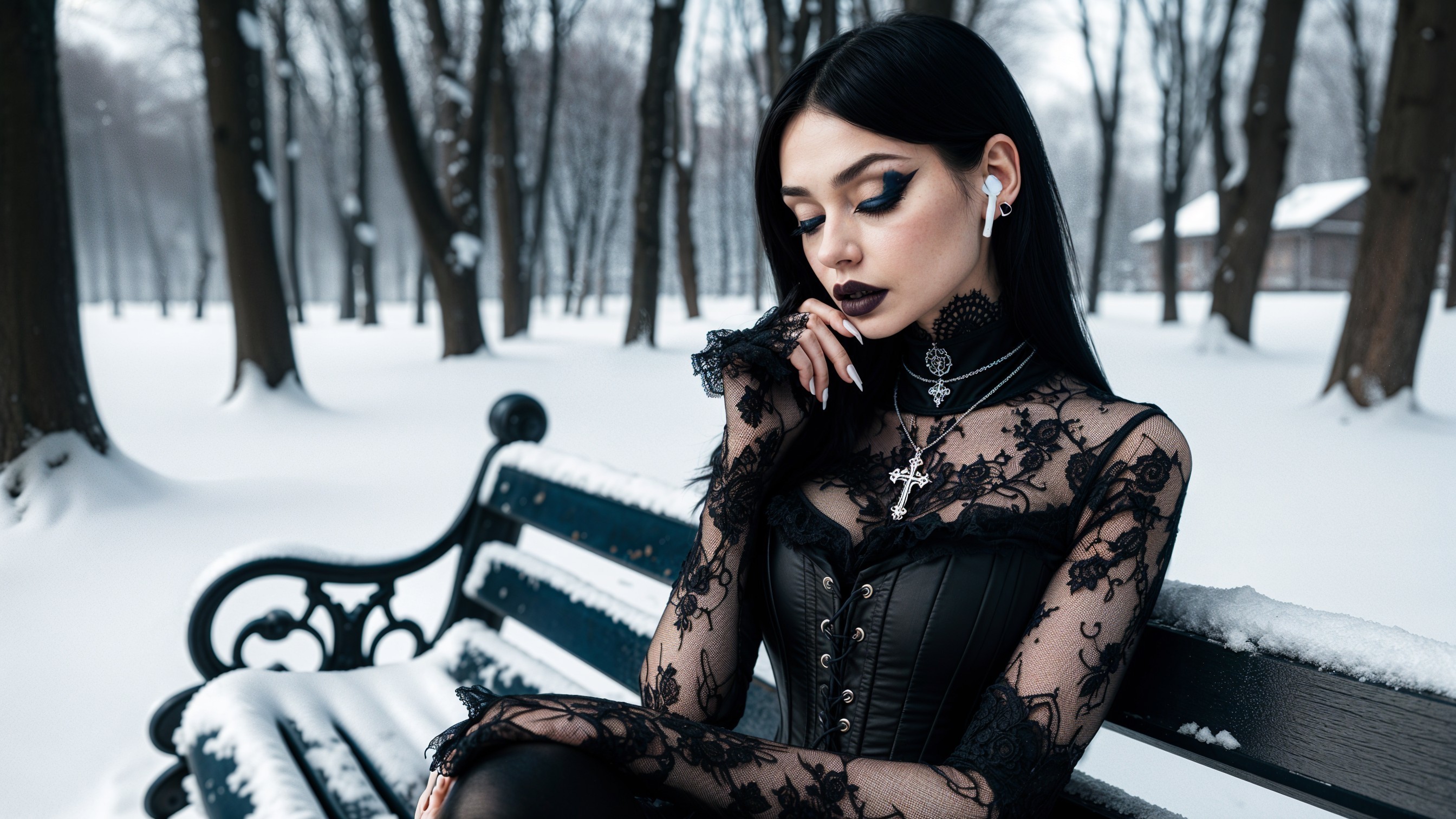 Gothic Woman on Snowy Bench Surrounded by Trees