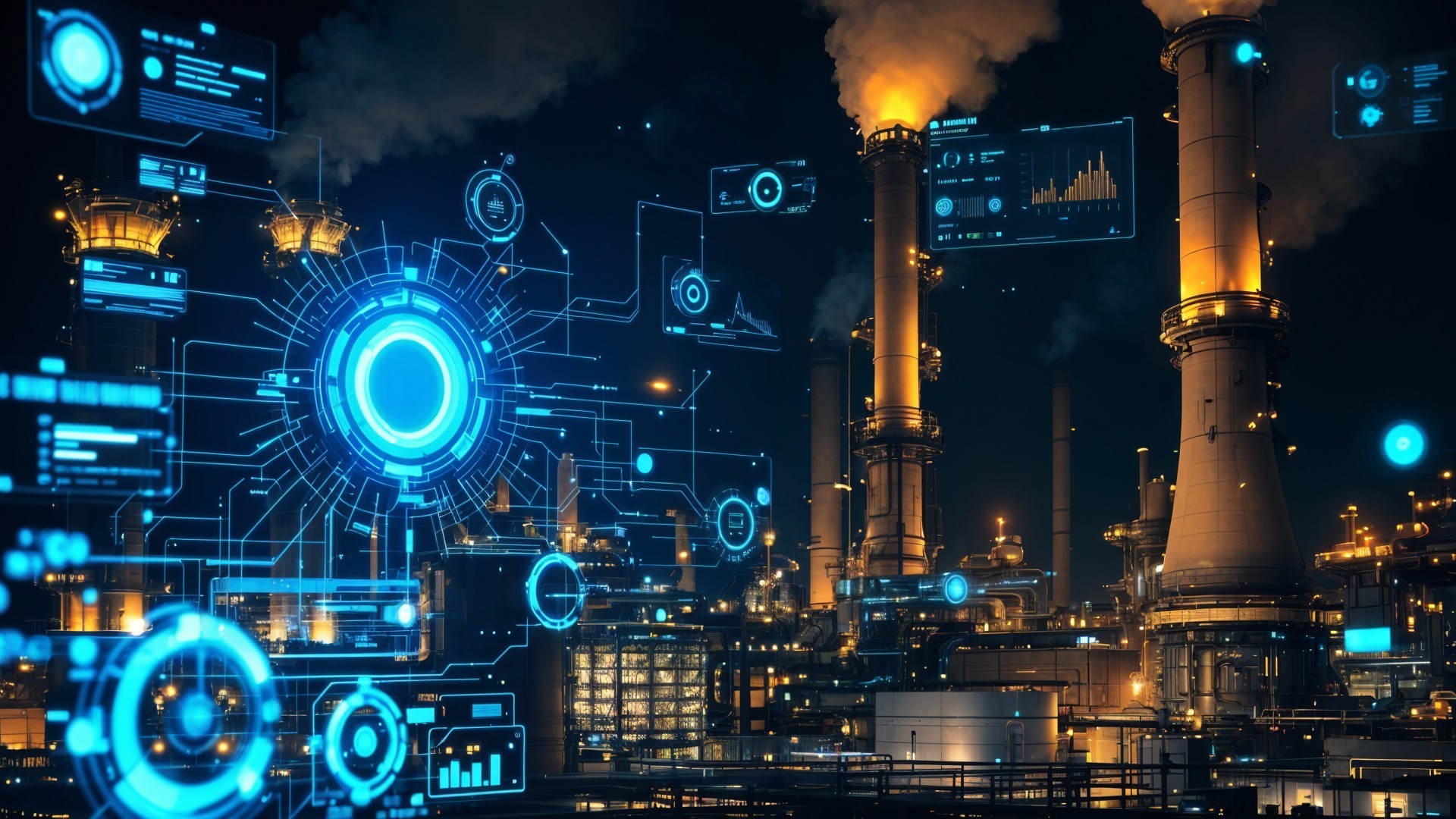 Modern Industrial Landscape with Technology Displays at Night