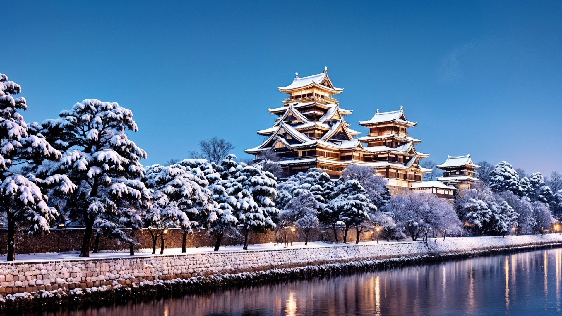 Majestic Castle in Winter Landscape with River