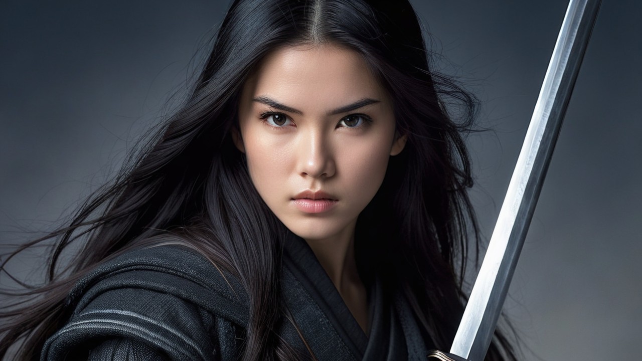 Fierce Warrior in Traditional Black Outfit with Sword