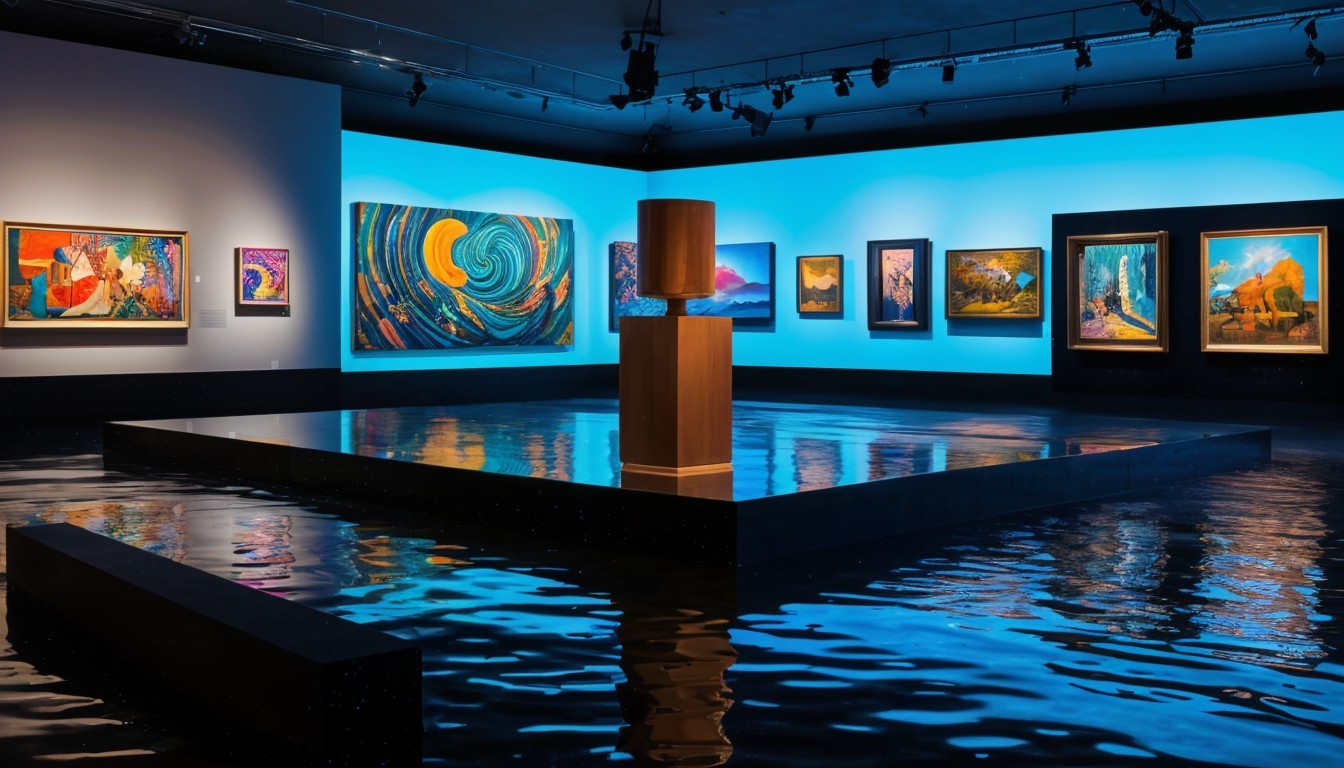 Modern Art Gallery Featuring Vibrant Paintings and Sculpture