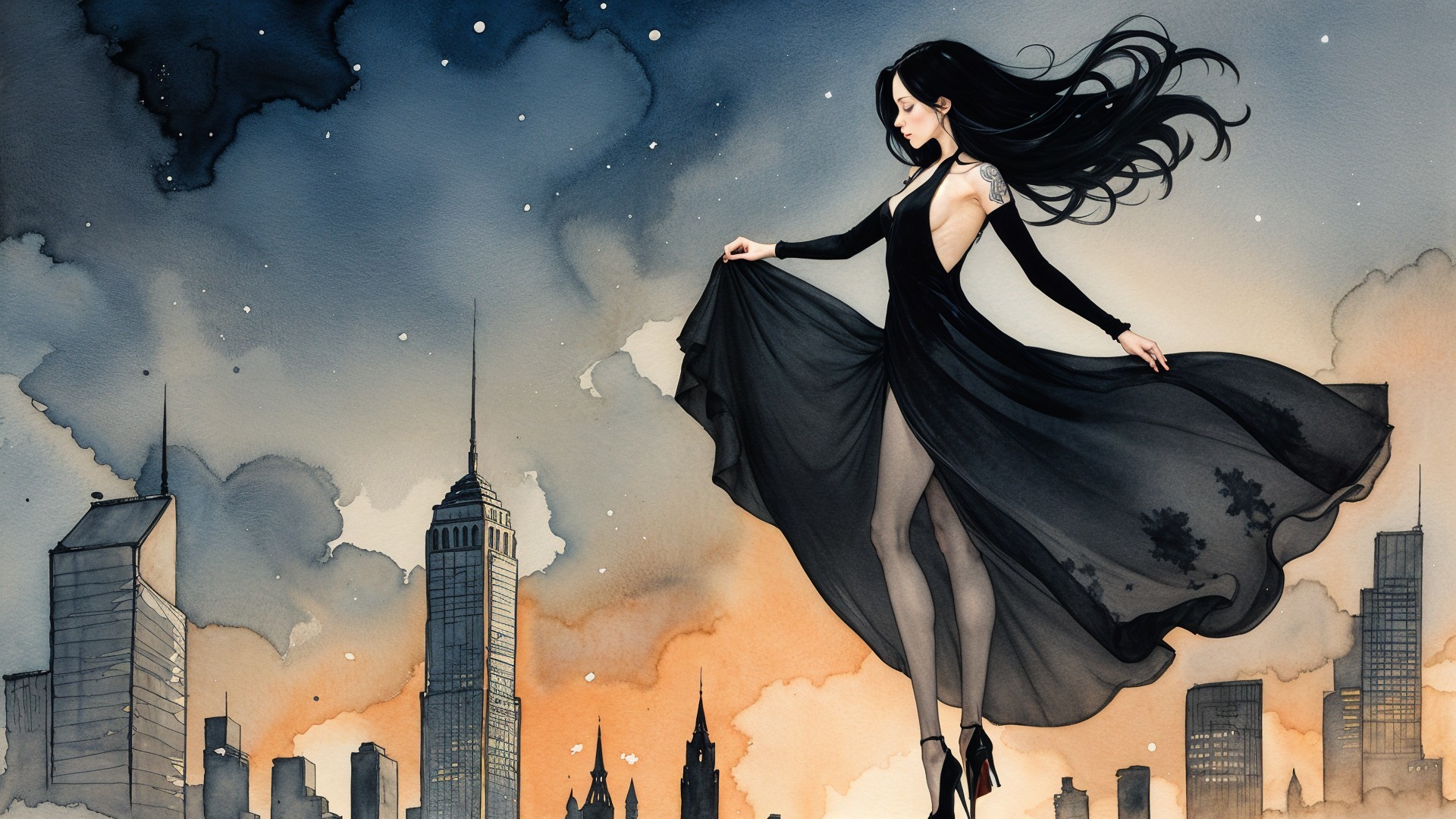 Elegant Woman in Black Dress Against City Skyline