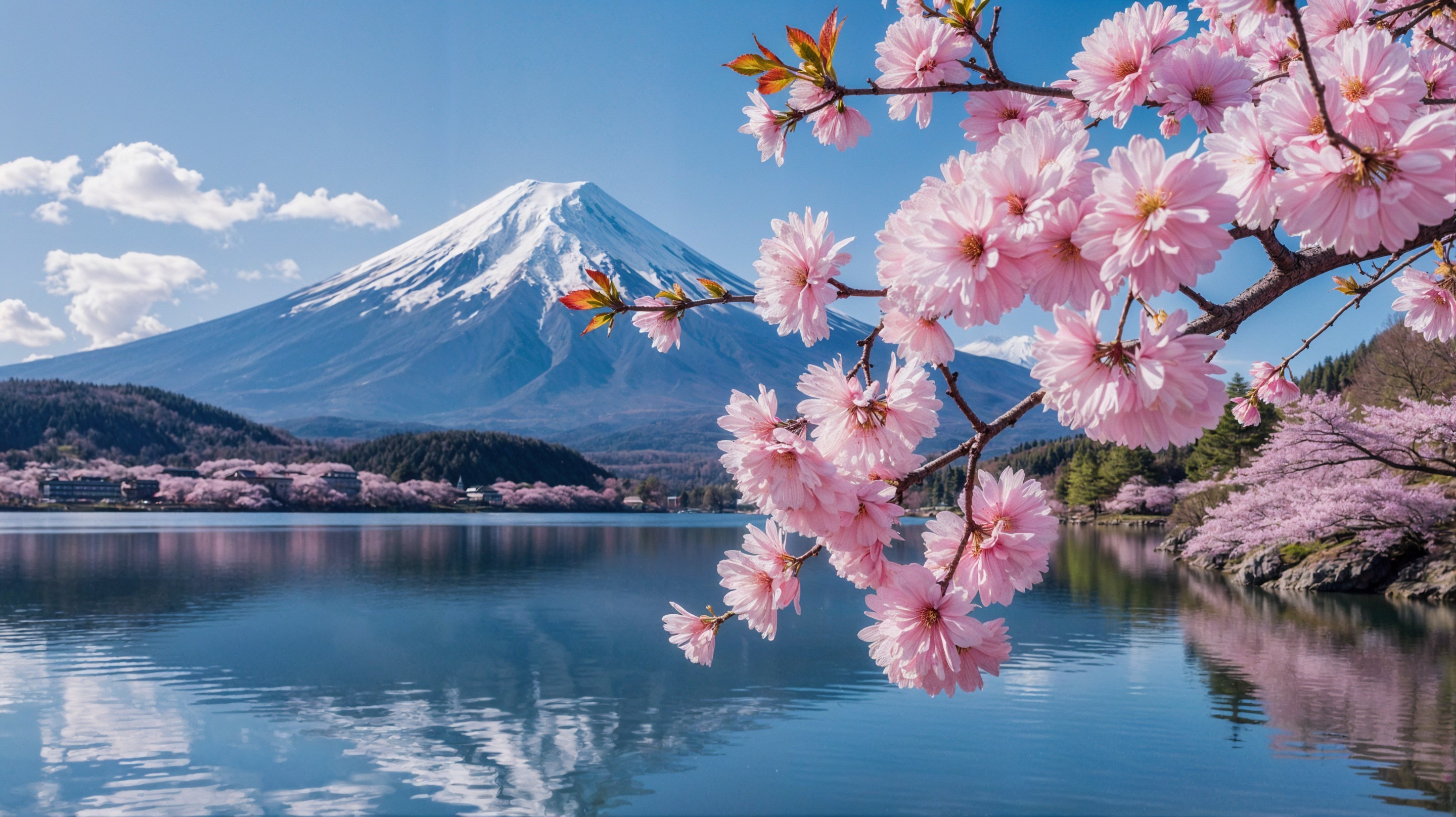 Mount Fuji Reflected in Lake with Cherry Blossoms