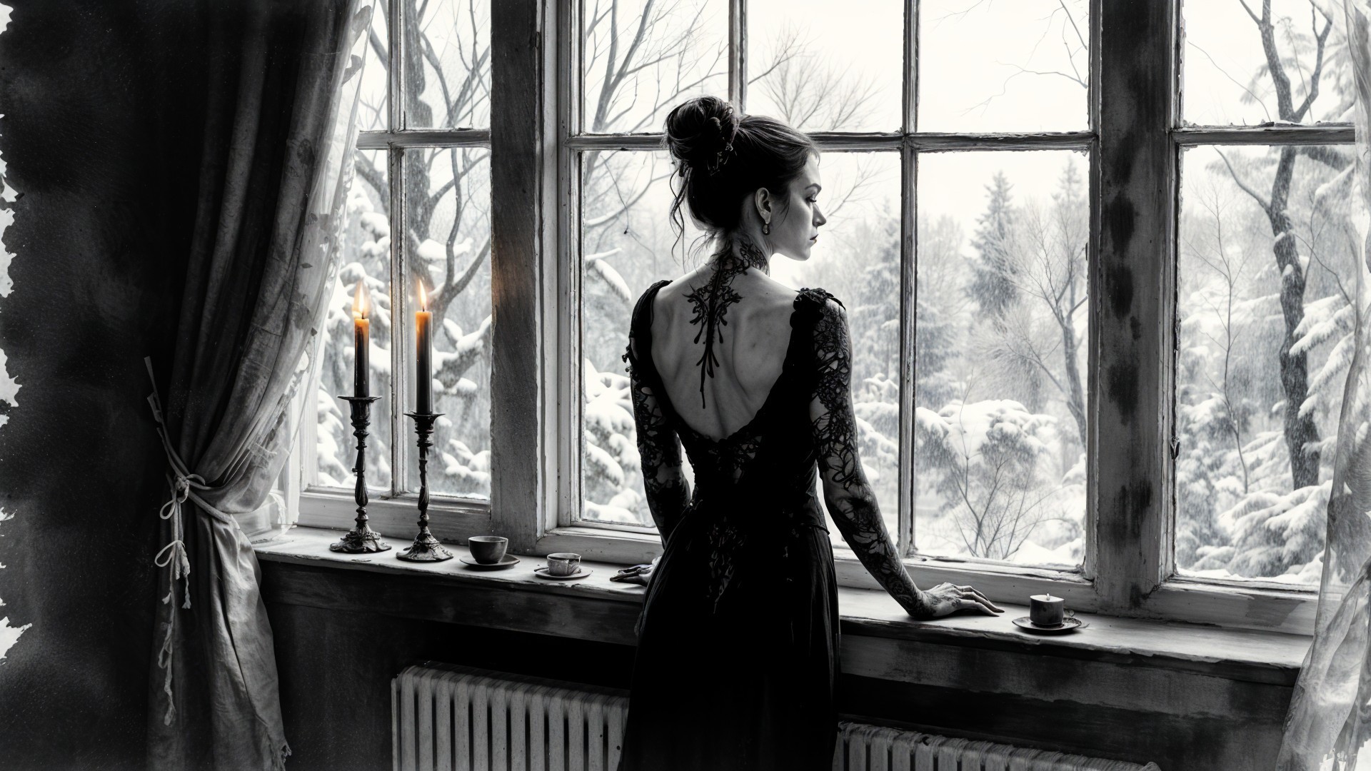 Woman with Tattoos in Elegant Dress by Window