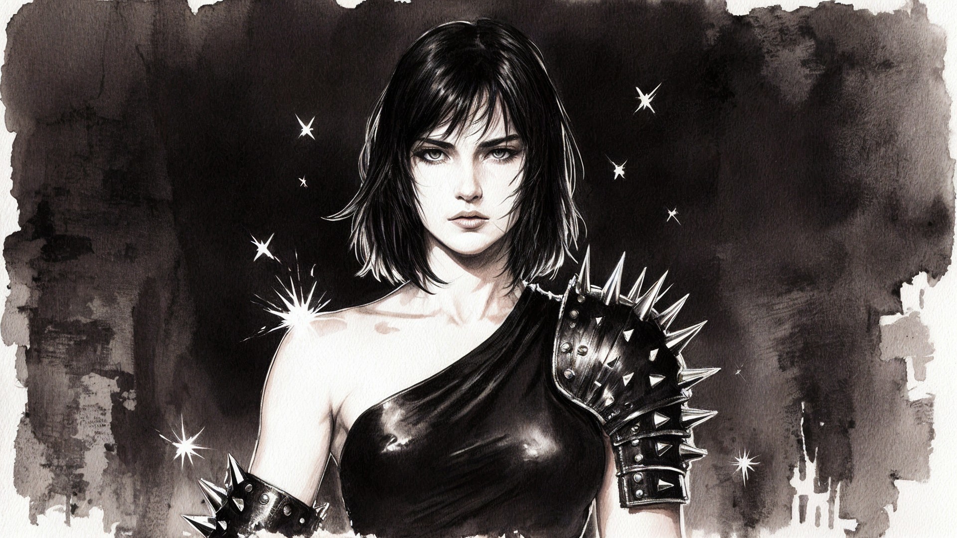 Fierce Woman in Spiked Outfit Against Dark Background