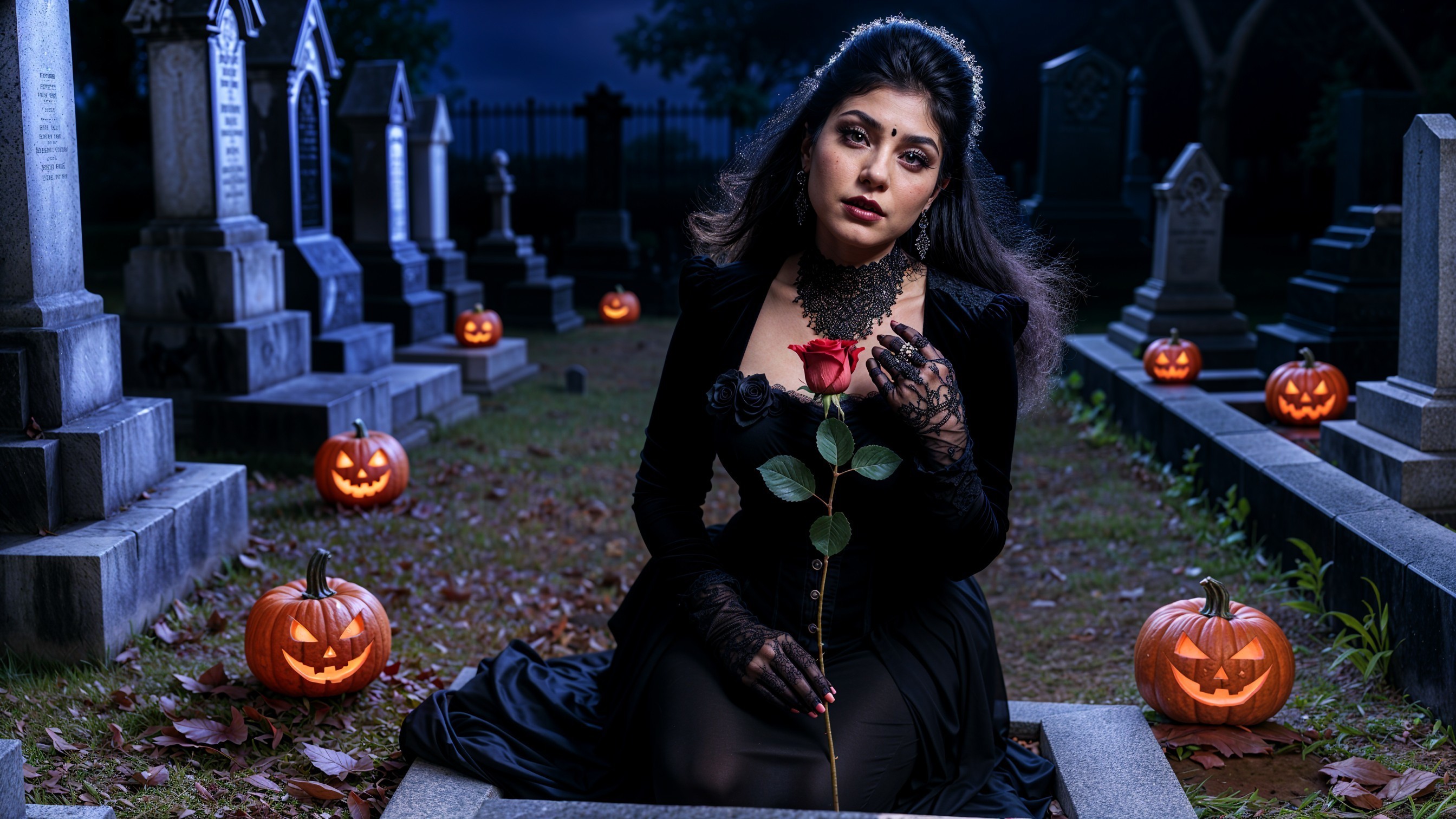 Young Woman in Black Gown Among Tombstones and Pumpkins